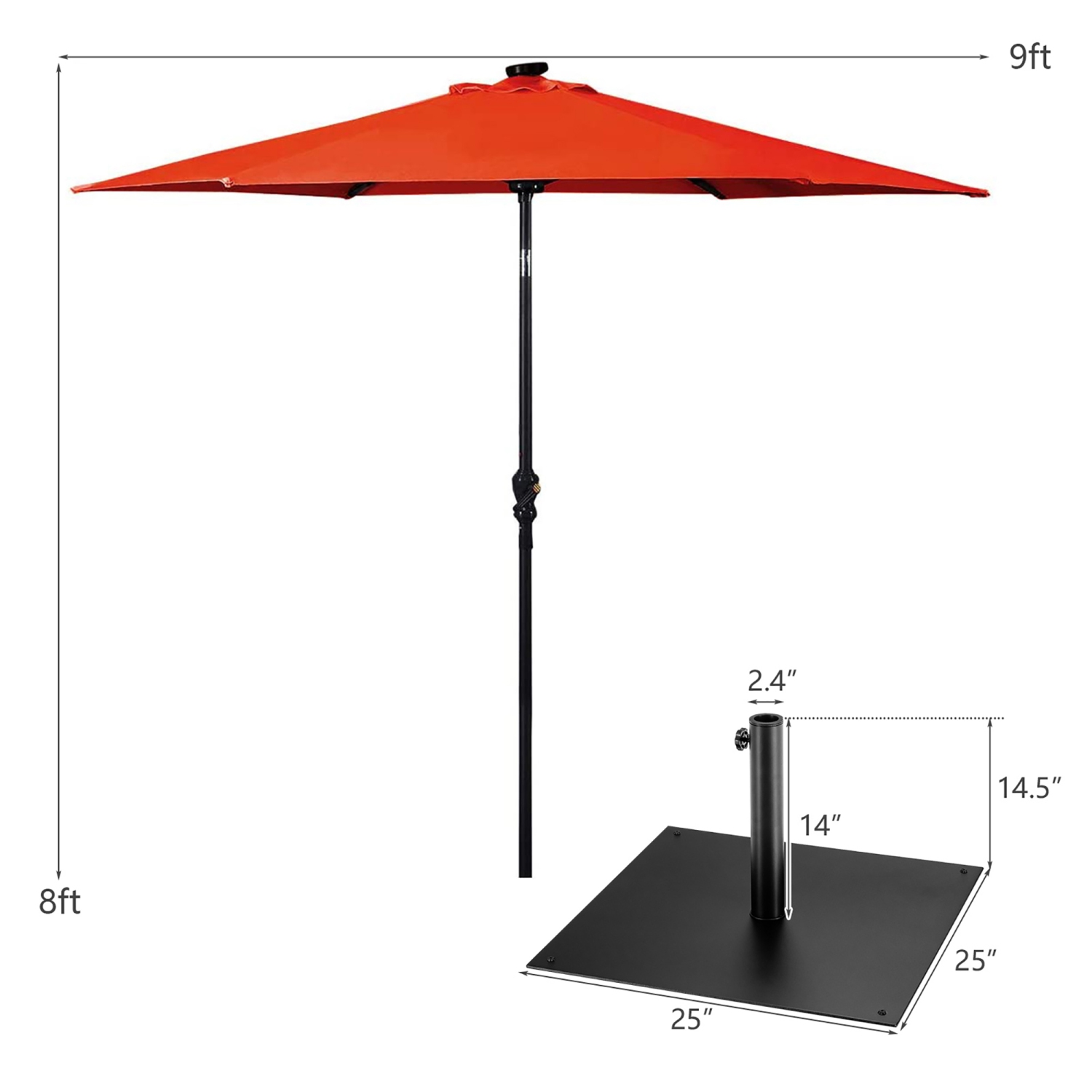 Costway 9ft Market Patio Umbrella w/Solar Lights & 40 LBS Steel Umbrella Stand