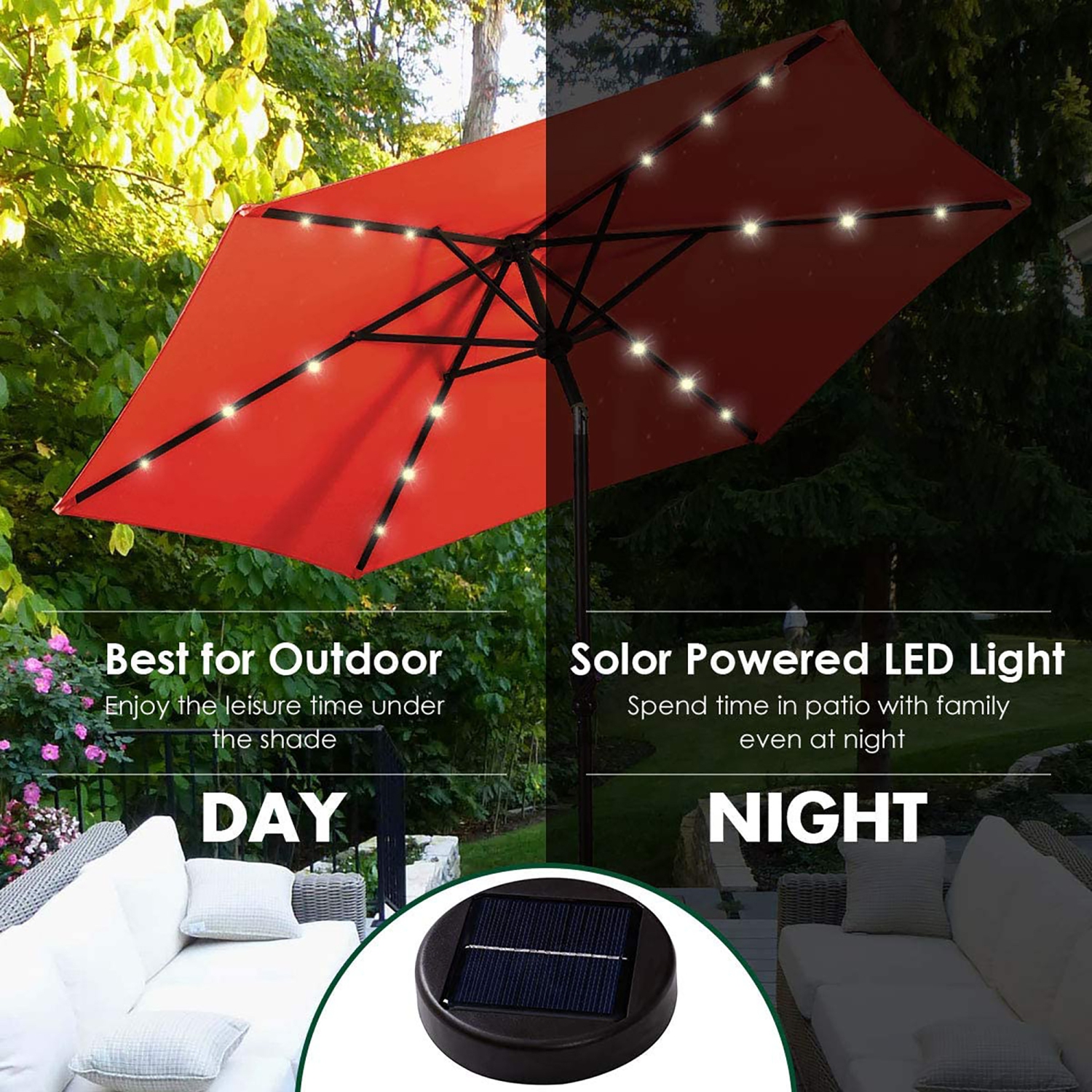 Costway 9ft Market Patio Umbrella w/Solar Lights & 40 LBS Steel Umbrella Stand