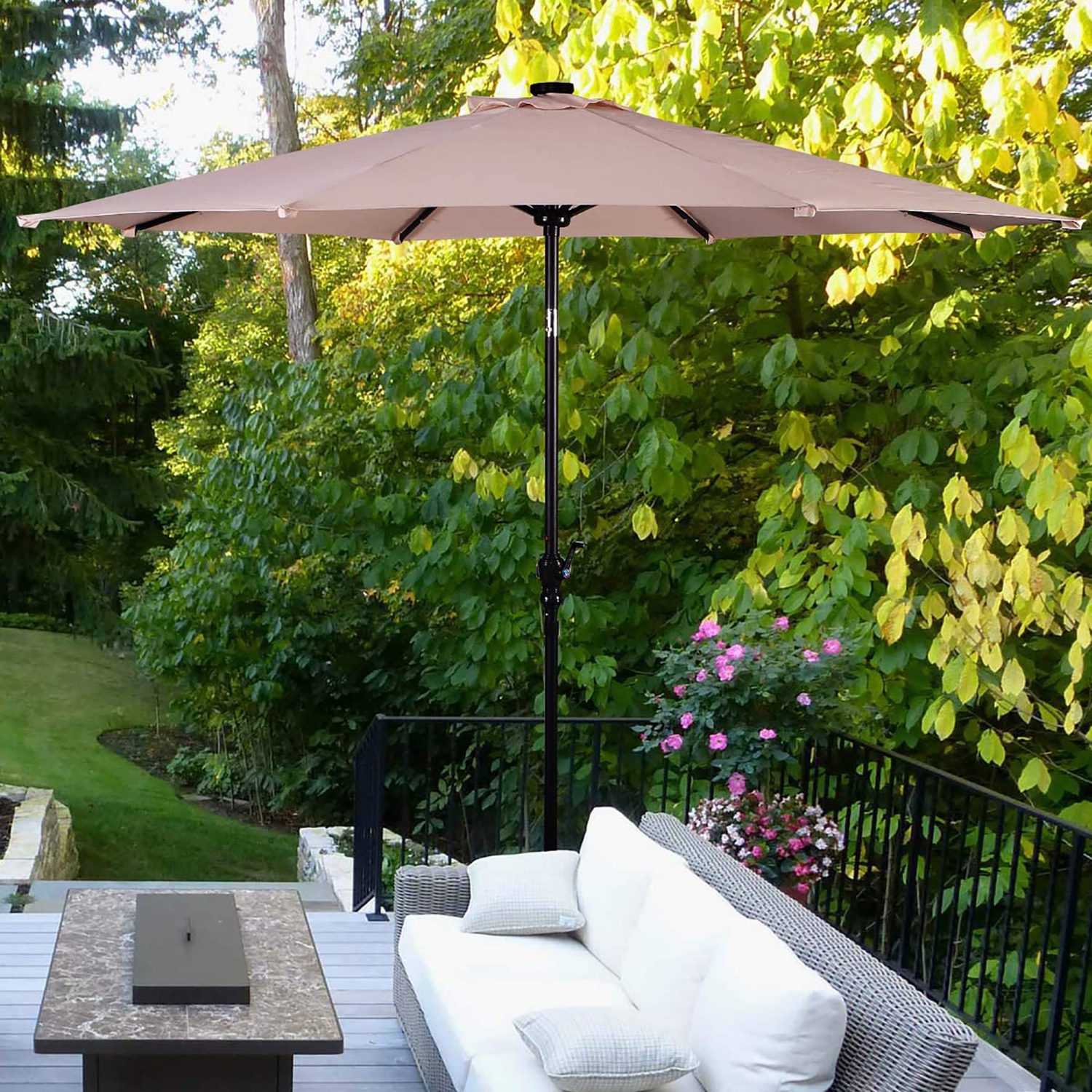 10ft Solar Lights Patio Umbrella Outdoor W/ 50 LBS Movable Umbrella Stand