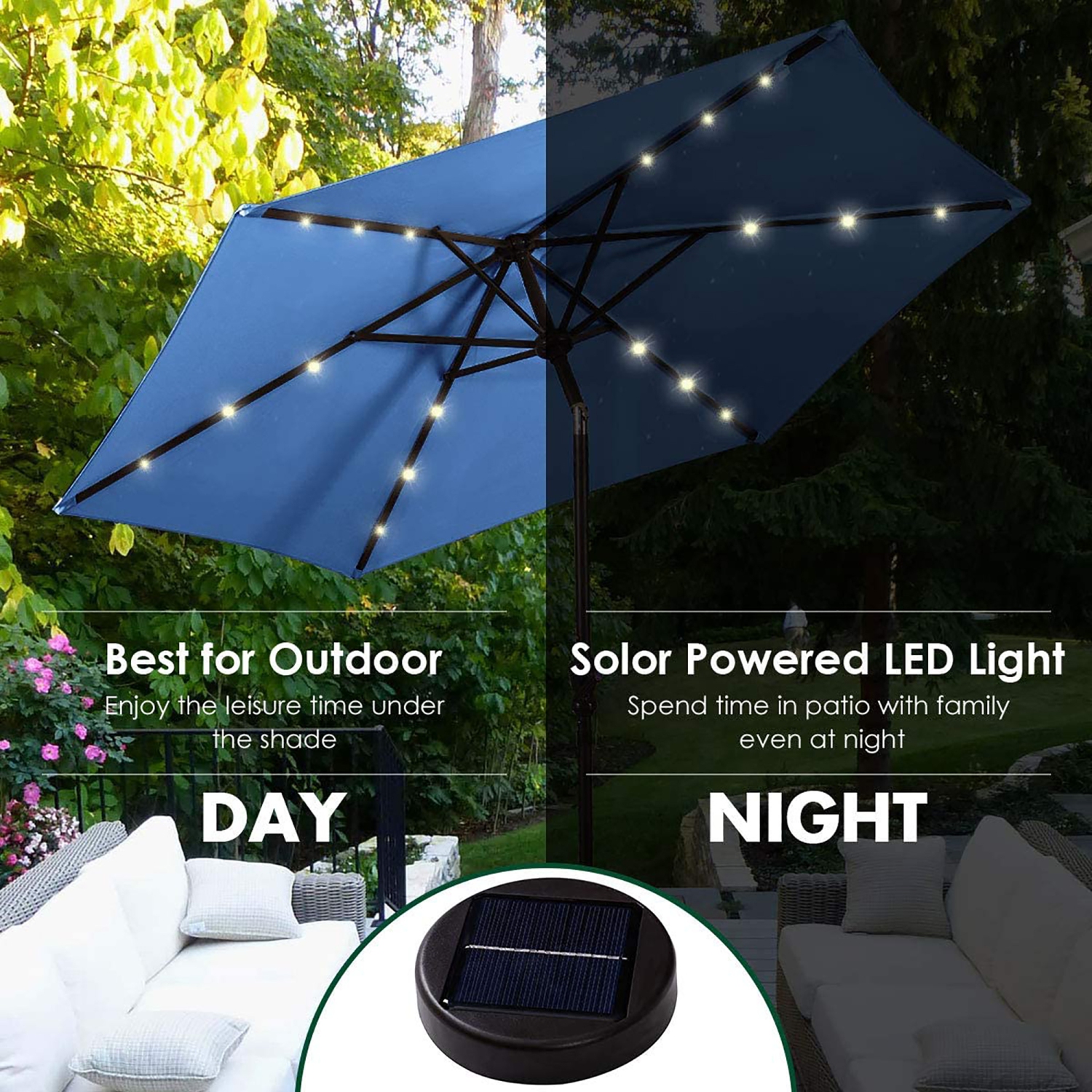 Costway 9ft Market Patio Umbrella w/Solar Lights & 40 LBS Steel Umbrella Stand