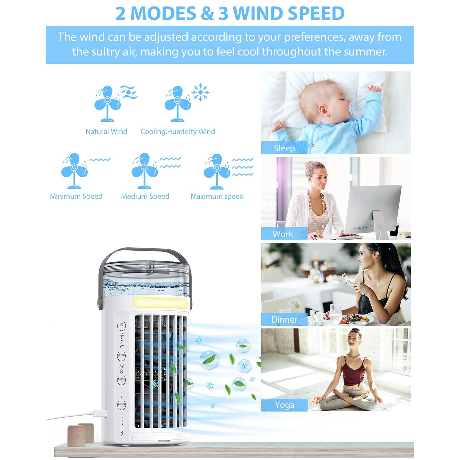 Portable Air Conditioner, Mini Evaporative Air Conditioner Cooling Fan with 3 Speeds 7 Colors,Personal Air Cooler,Humidifier, Purifier with Handle