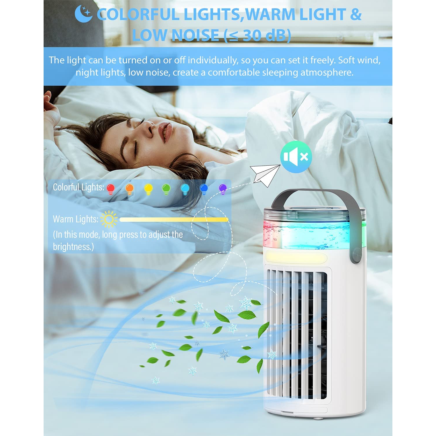 Portable Air Conditioner, Mini Evaporative Air Conditioner Cooling Fan with 3 Speeds 7 Colors,Personal Air Cooler,Humidifier, Purifier with Handle