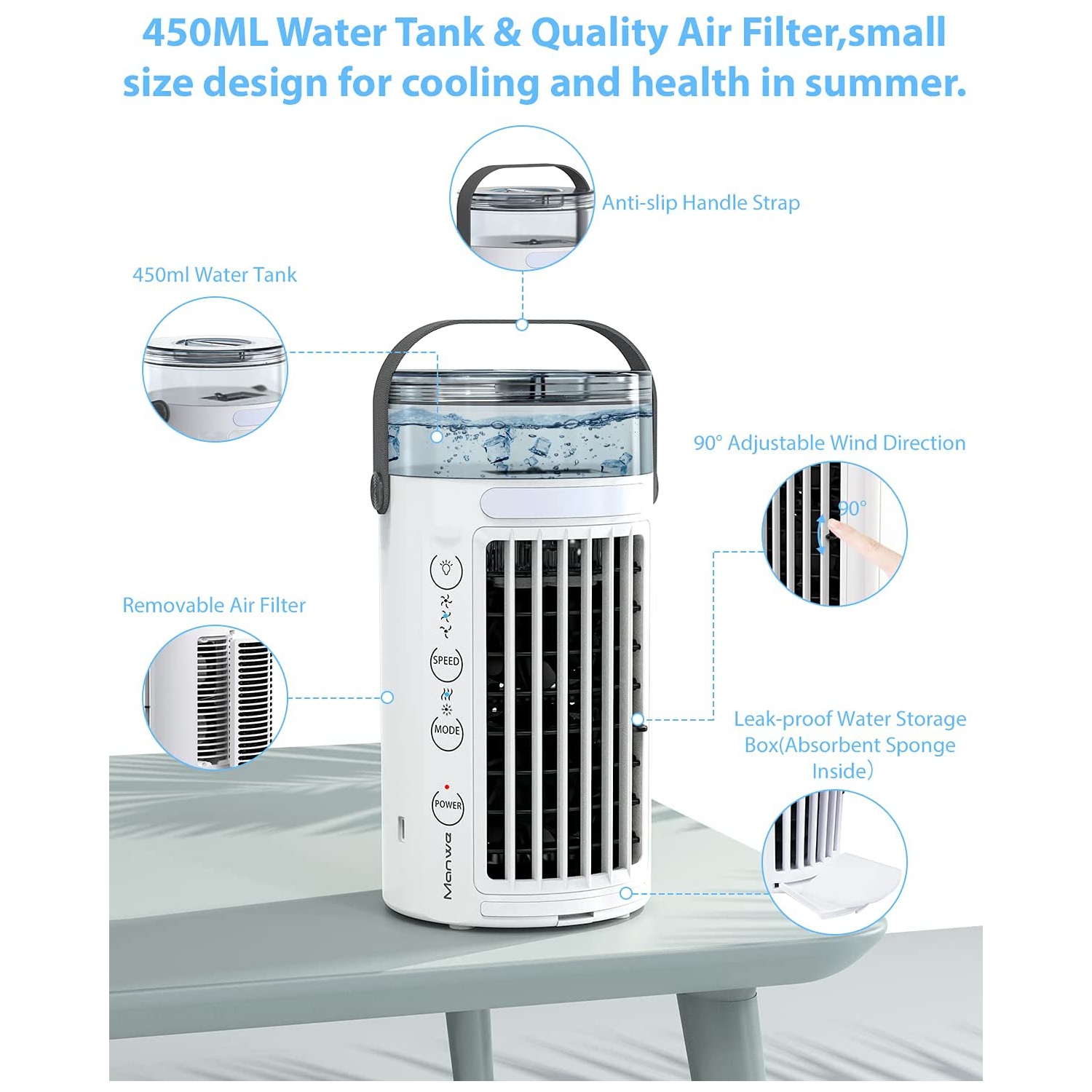 Portable Air Conditioner, Mini Evaporative Air Conditioner Cooling Fan with 3 Speeds 7 Colors,Personal Air Cooler,Humidifier, Purifier with Handle