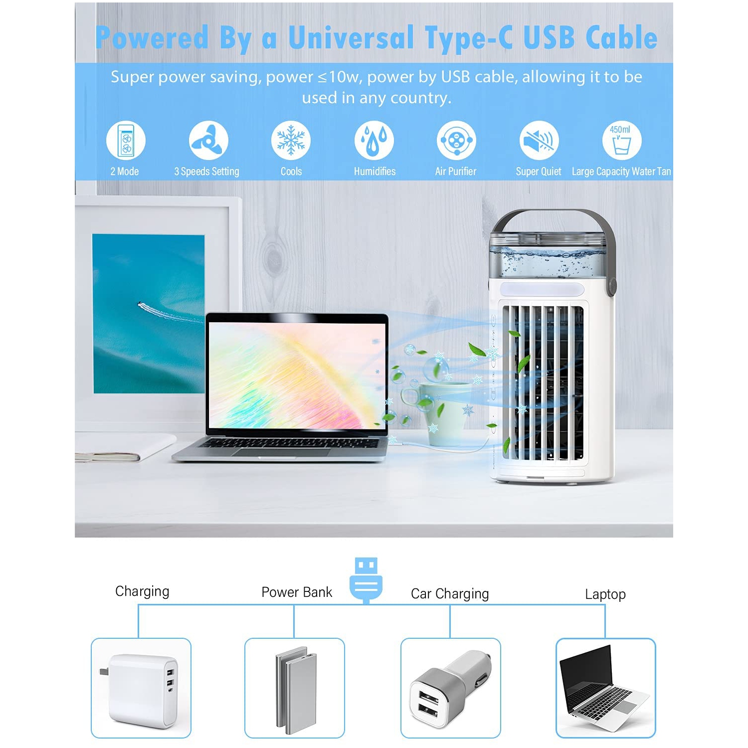 Portable Air Conditioner, Mini Evaporative Air Conditioner Cooling Fan with 3 Speeds 7 Colors,Personal Air Cooler,Humidifier, Purifier with Handle