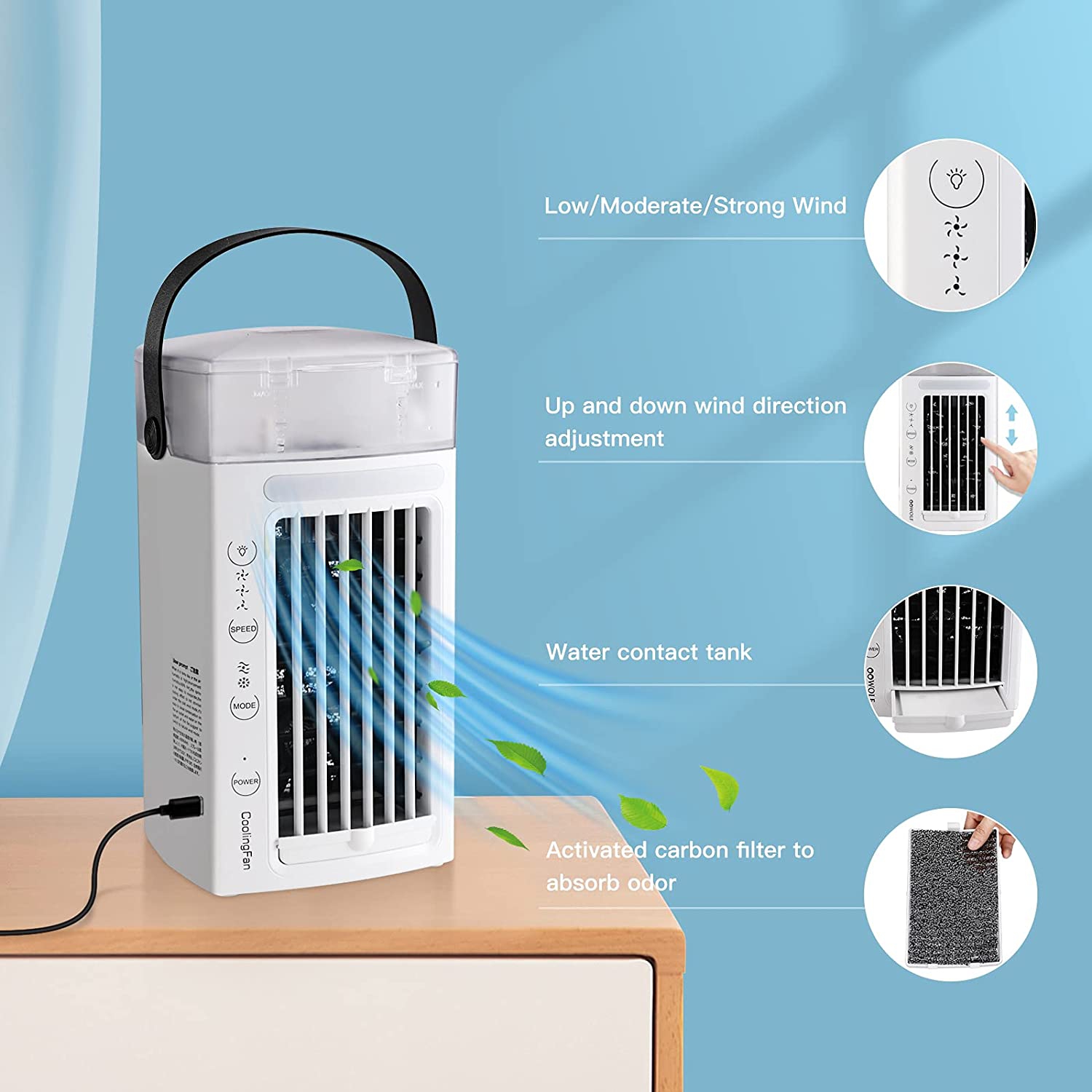 Portable Air Cooling Fan, USB Mini Tower Evaporative Air Cooler Desk Cooling Fan Personal Air Cooler with 7 Colors LED Lights, 3 Speeds, 2 Air