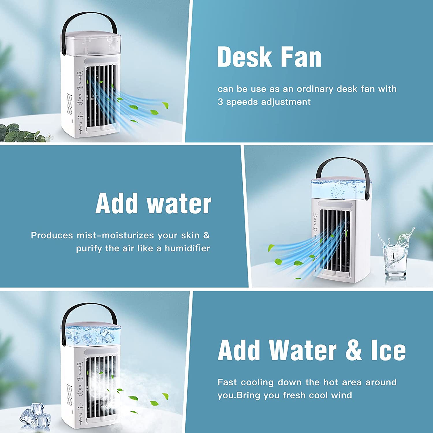 Portable Air Cooling Fan, USB Mini Tower Evaporative Air Cooler Desk Cooling Fan Personal Air Cooler with 7 Colors LED Lights, 3 Speeds, 2 Air