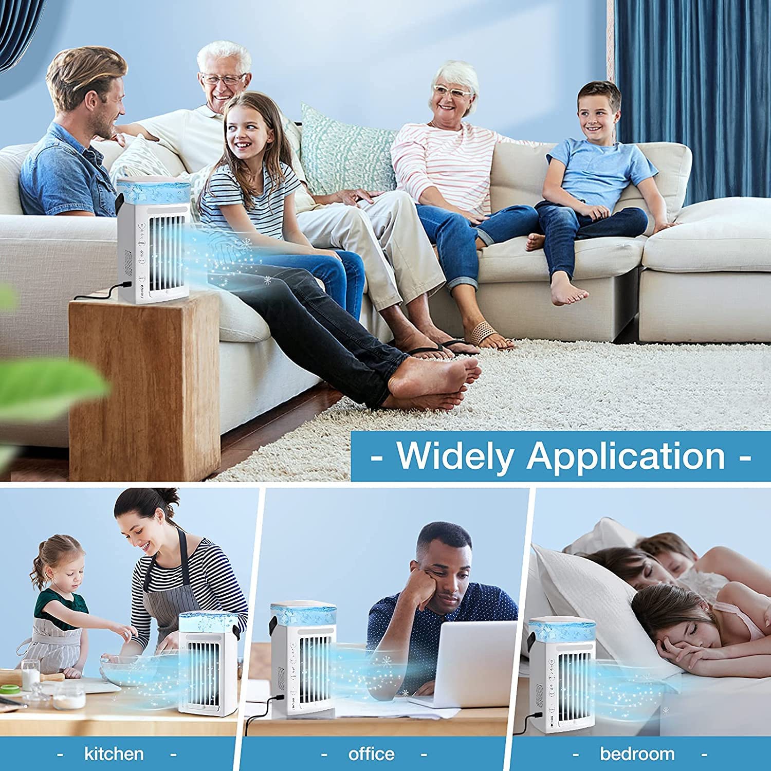 Portable Air Cooling Fan, USB Mini Tower Evaporative Air Cooler Desk Cooling Fan Personal Air Cooler with 7 Colors LED Lights, 3 Speeds, 2 Air