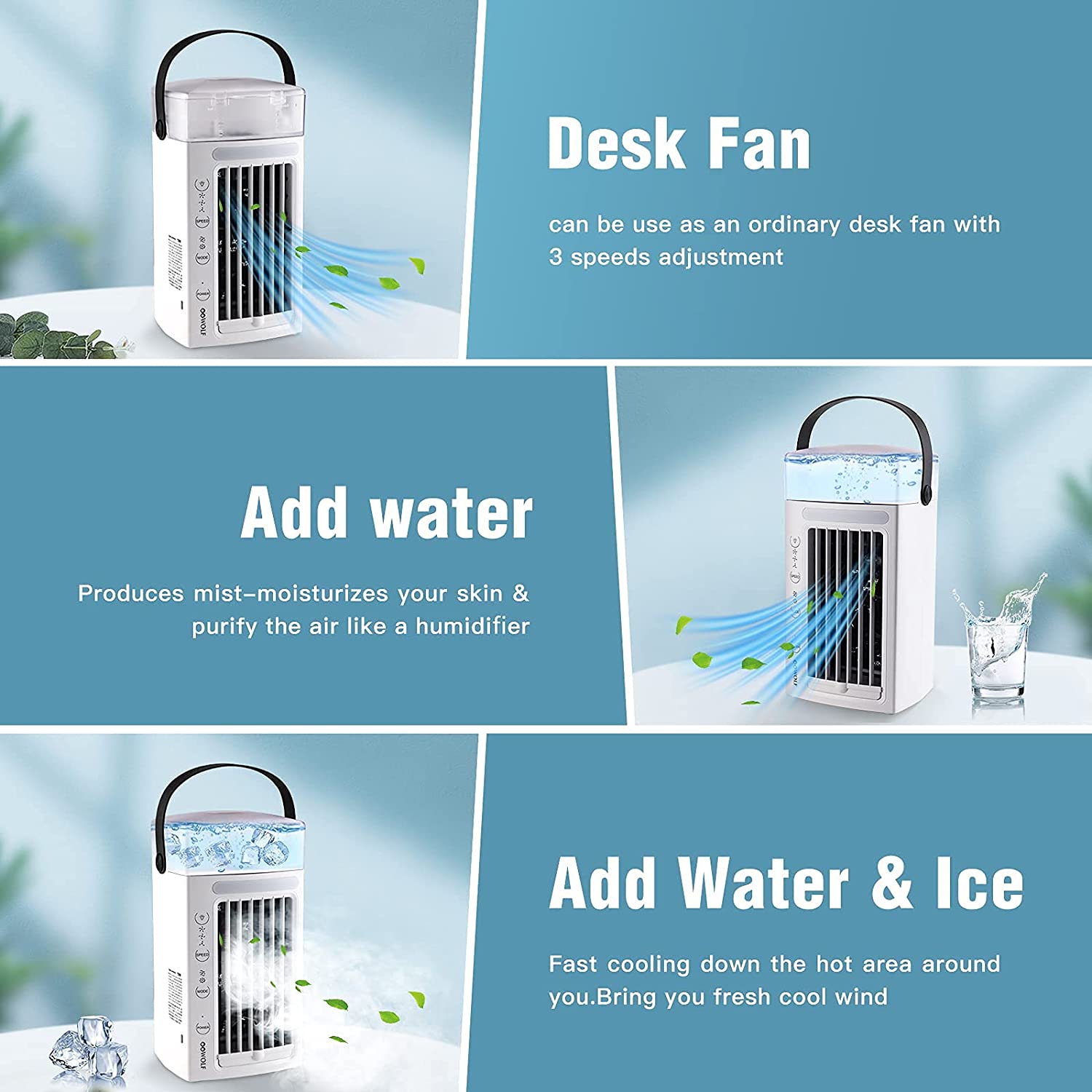 Portable Air Cooling Fan, USB Mini Tower Evaporative Air Cooler Desk Cooling Fan Personal Air Cooler with 7 Colors LED Lights, 3 Speeds, 2 Air