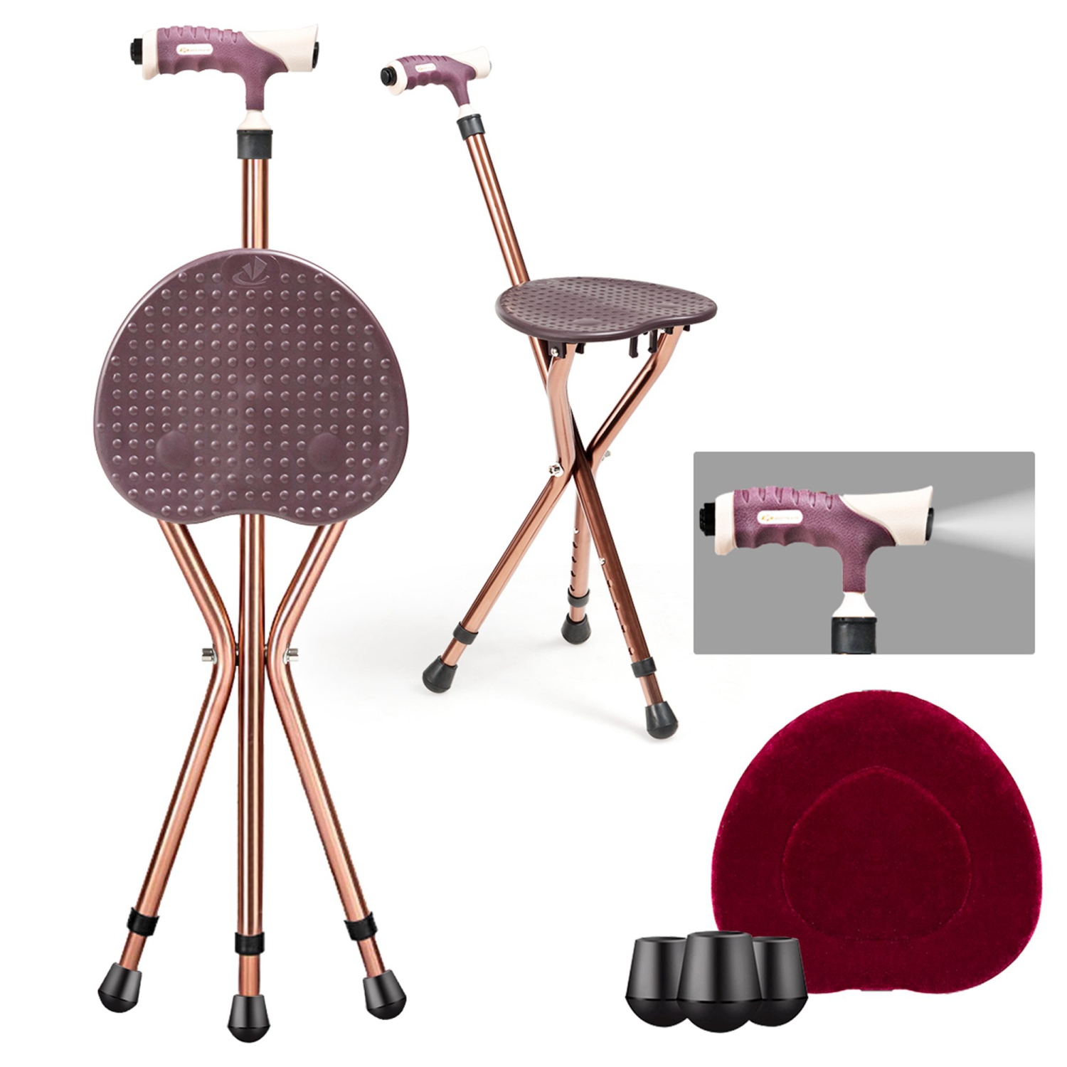 Costway Lightweight Adjustable Folding Cane Seat Aluminum Alloy Crutch Chair With Light