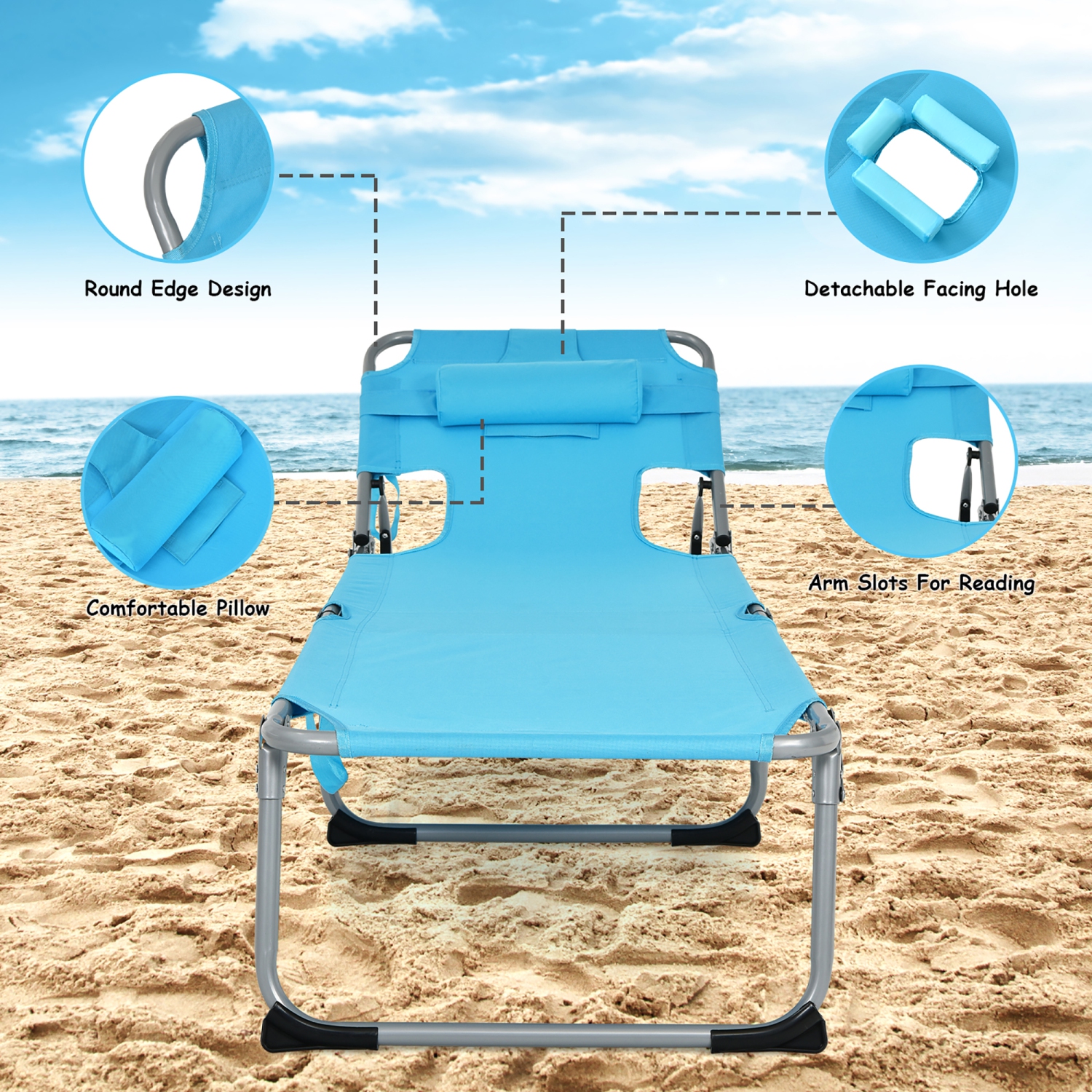 Costway Outdoor Beach Lounge Chair Folding Chaise Lounge with Pillow