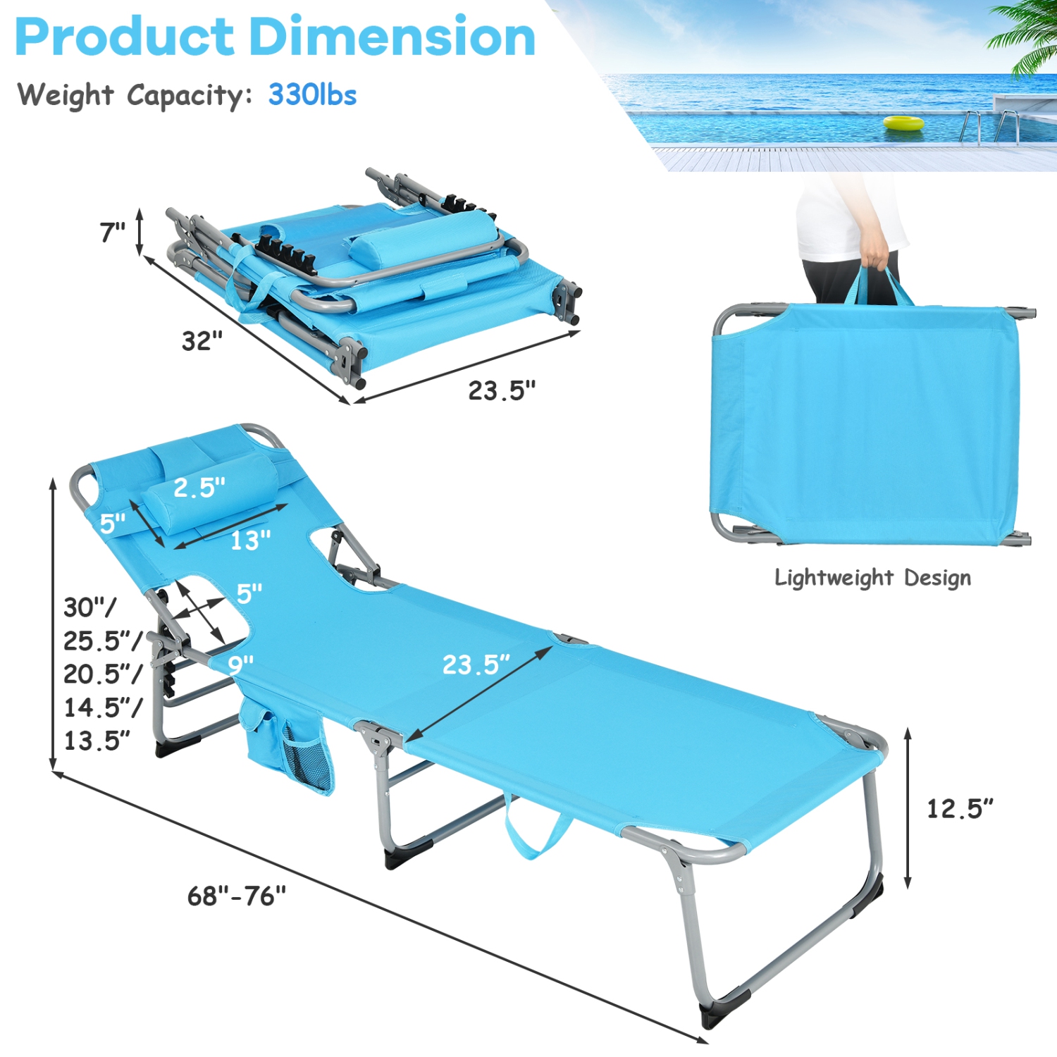 Costway Outdoor Beach Lounge Chair Folding Chaise Lounge with Pillow