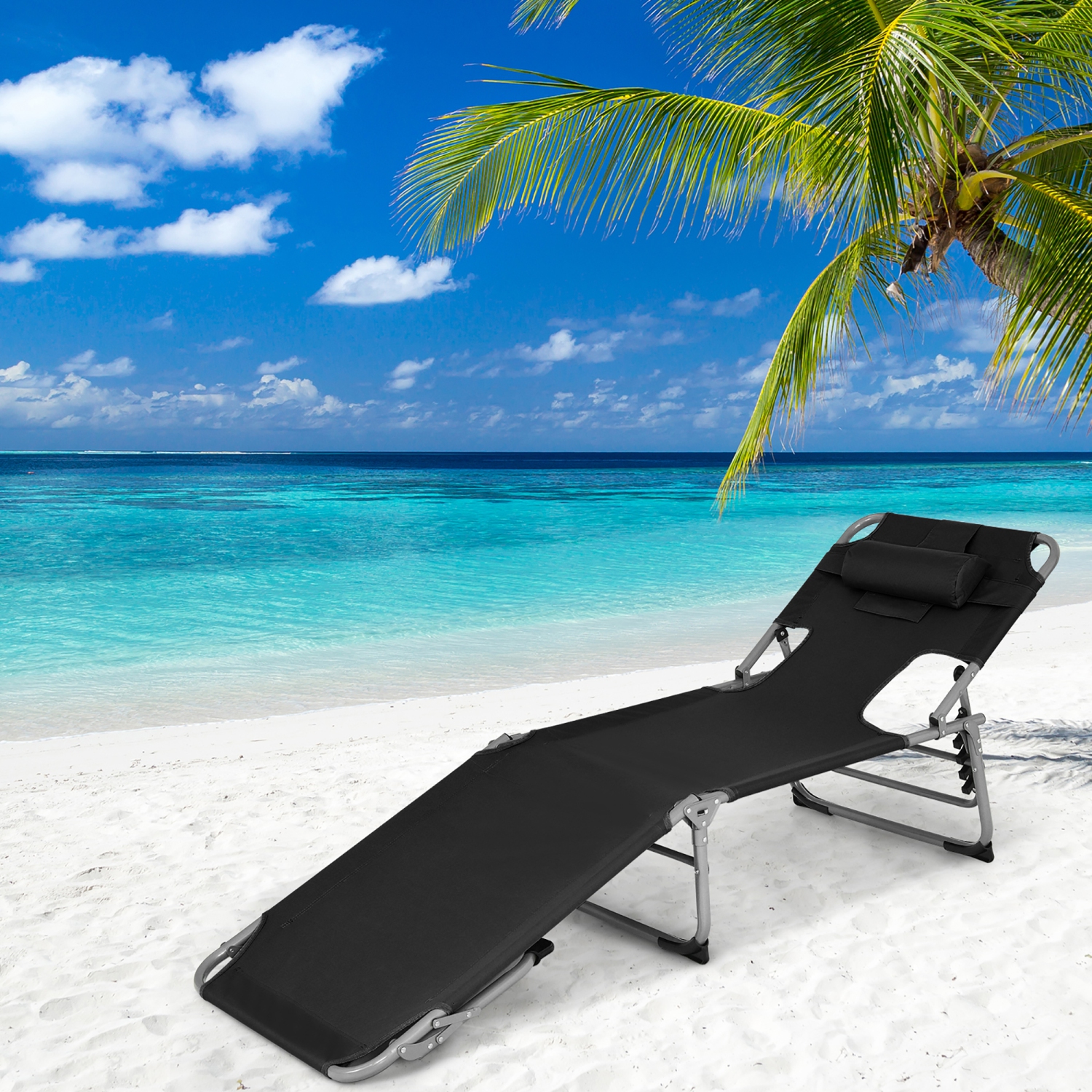 Costway Outdoor Beach Lounge Chair Folding Chaise Lounge with Pillow