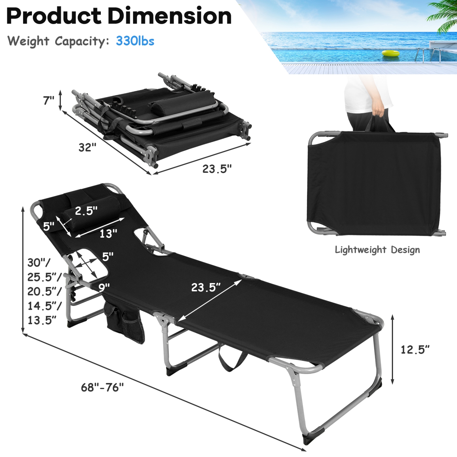 Costway Outdoor Beach Lounge Chair Folding Chaise Lounge with Pillow