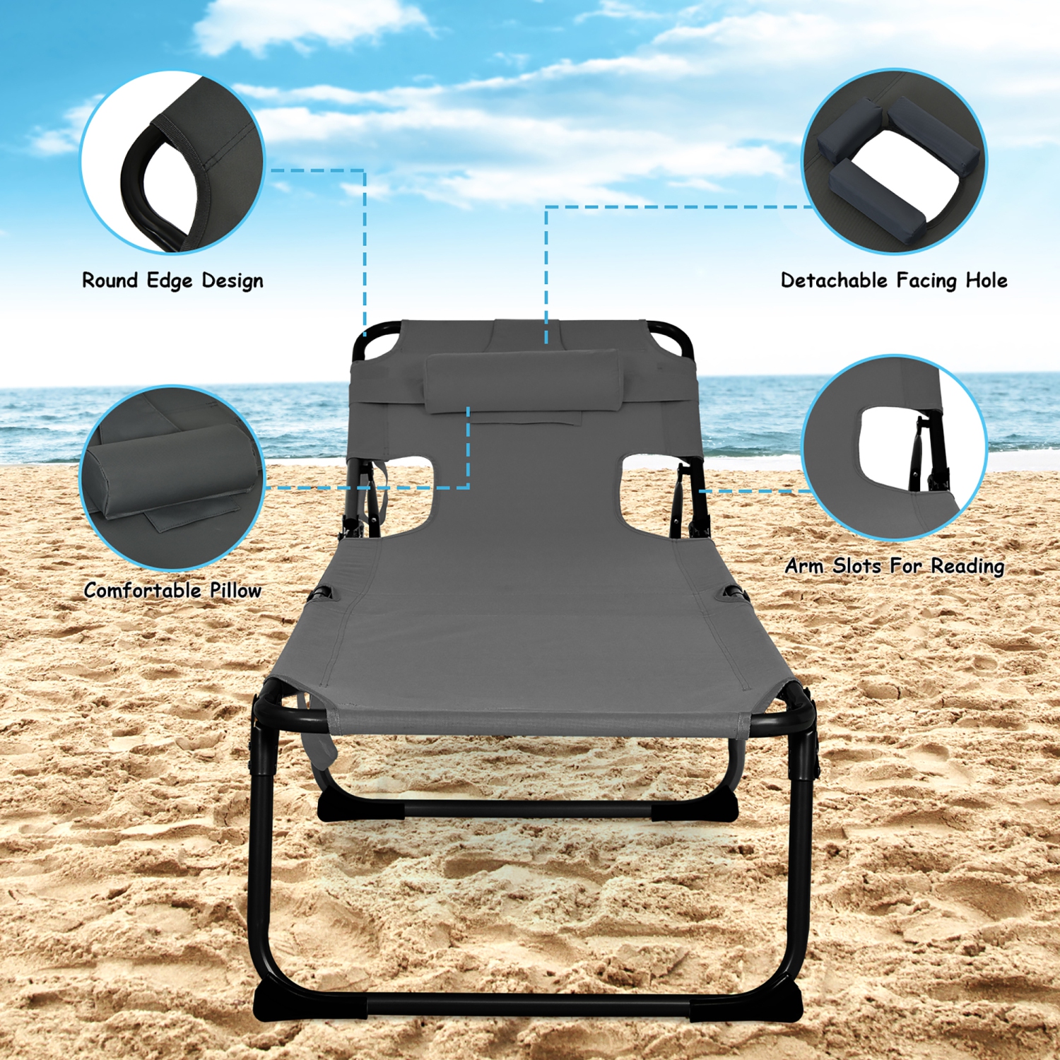 Chaise longue de plage extérieure repliable avec coussin de Costway
