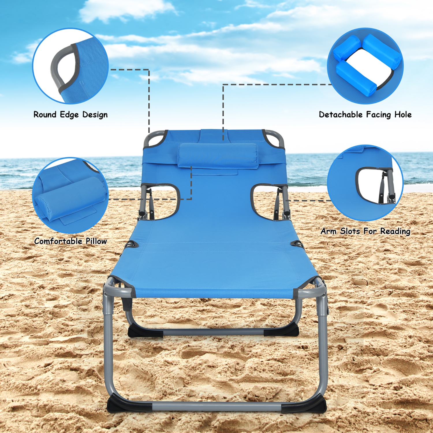 Costway Outdoor Beach Lounge Chair Folding Chaise Lounge with Pillow