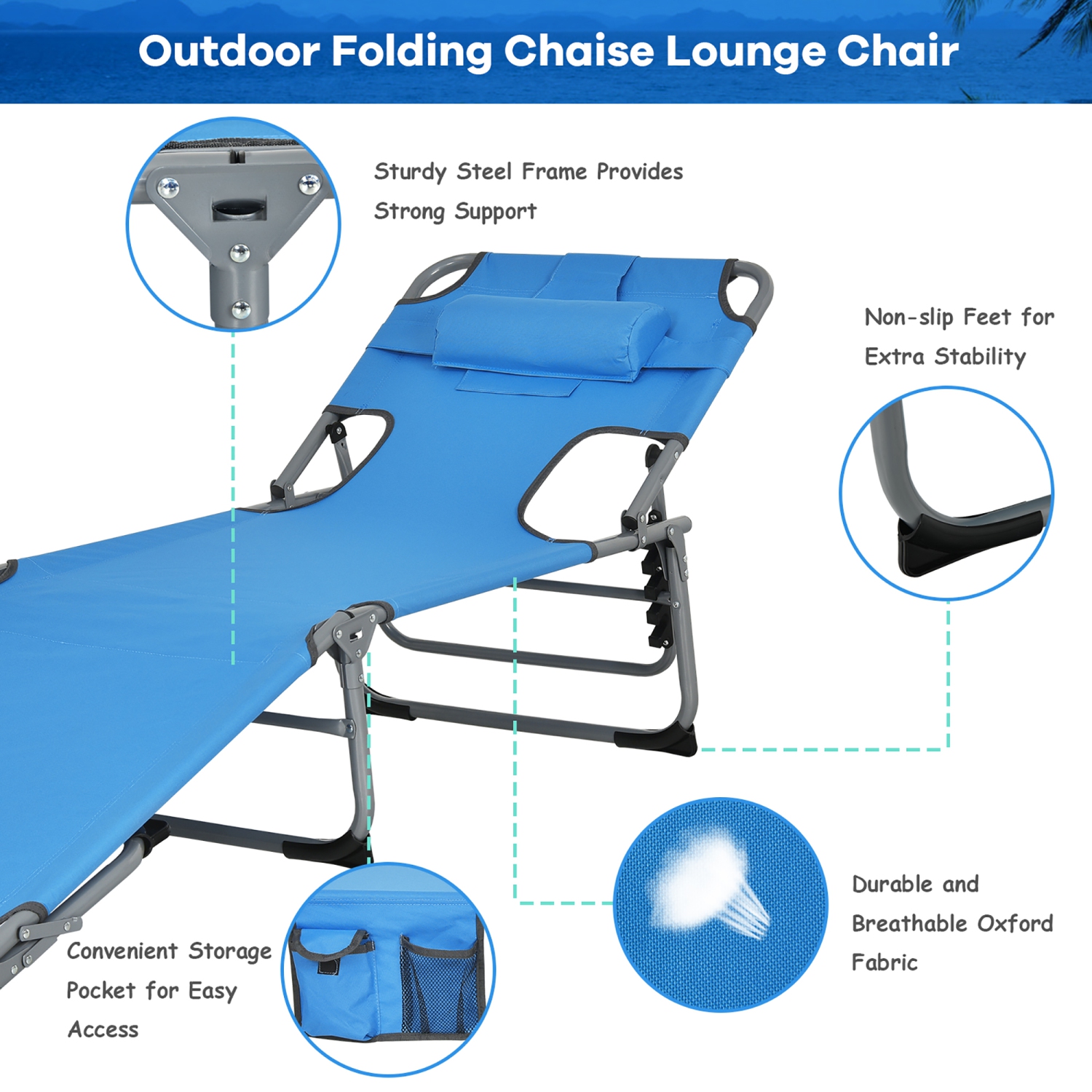 Costway Outdoor Beach Lounge Chair Folding Chaise Lounge with Pillow