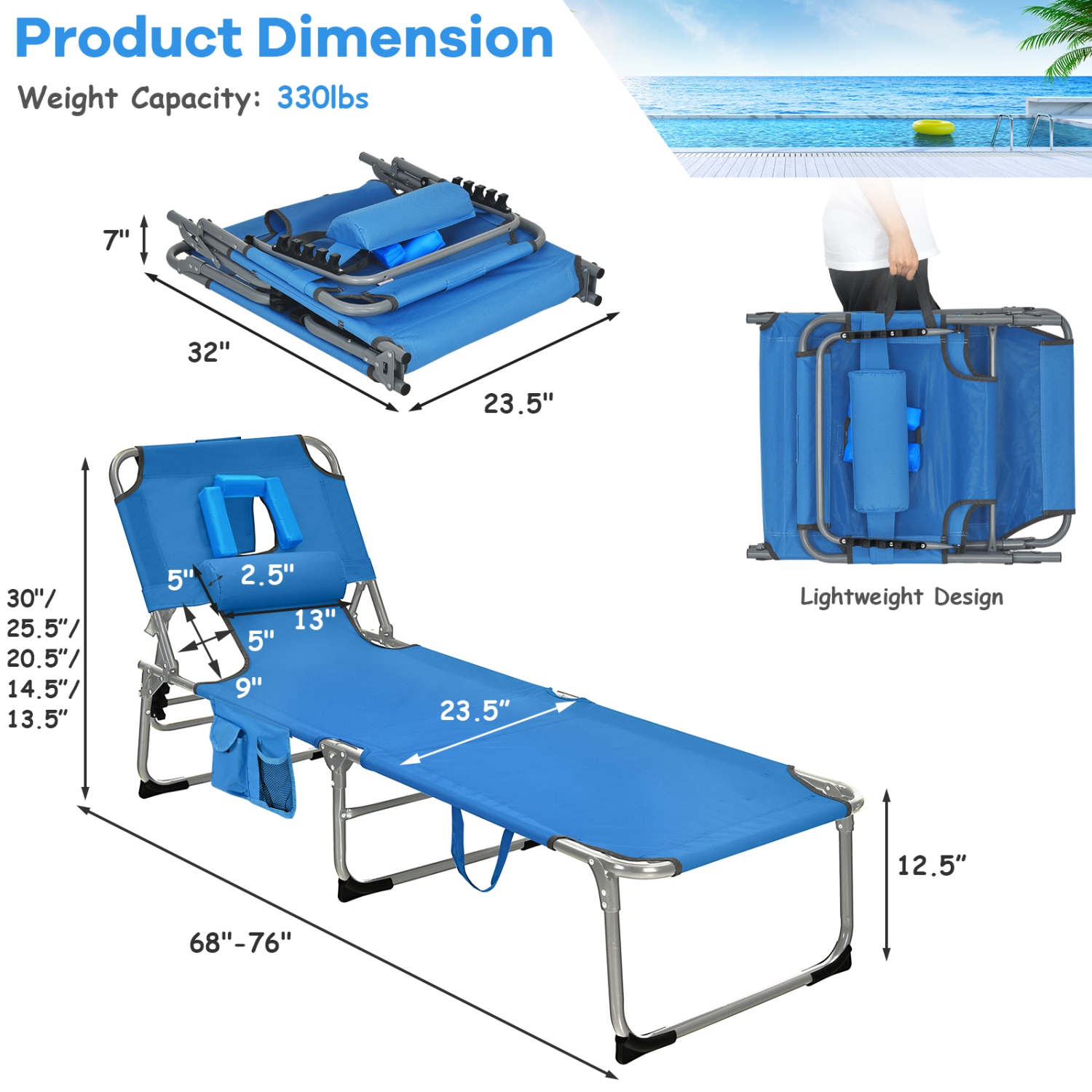 Costway Outdoor Beach Lounge Chair Folding Chaise Lounge with Pillow