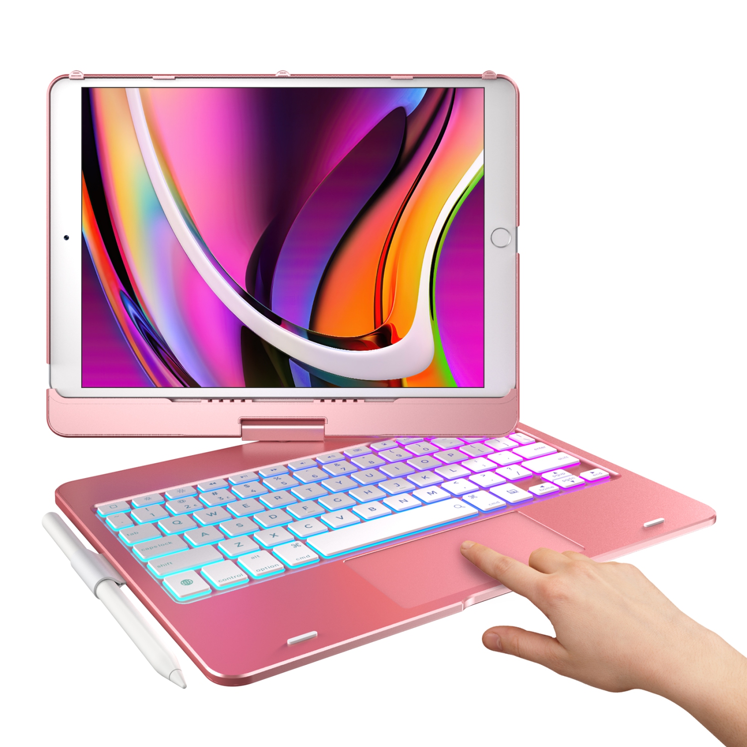Typecase Touch Keyboard Case for 10.2" iPad 9th Gen 2021 & 8th & 7th Gen, Air 3, Pro 10.5-10 Color Backlight Wireless Keyboard, 360° Protective Cover, Pencil Holder - Rose Gold