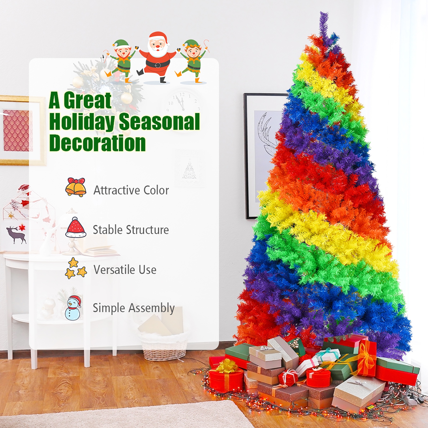 Costway 7FT Artificial Hinged Colorful Rainbow Full Fir Christmas Tree with 1213 Tips