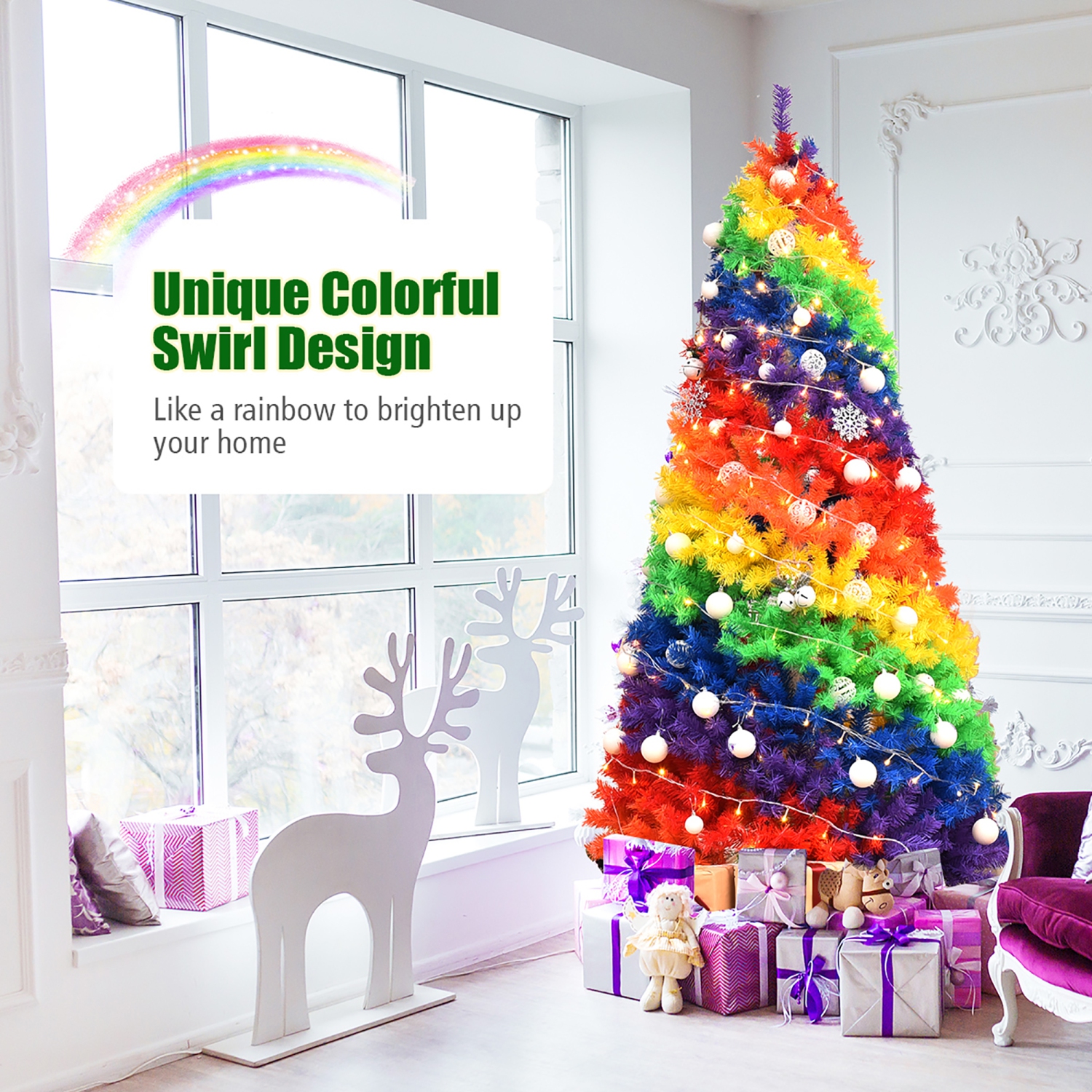 Costway 7FT Artificial Hinged Colorful Rainbow Full Fir Christmas Tree with 1213 Tips
