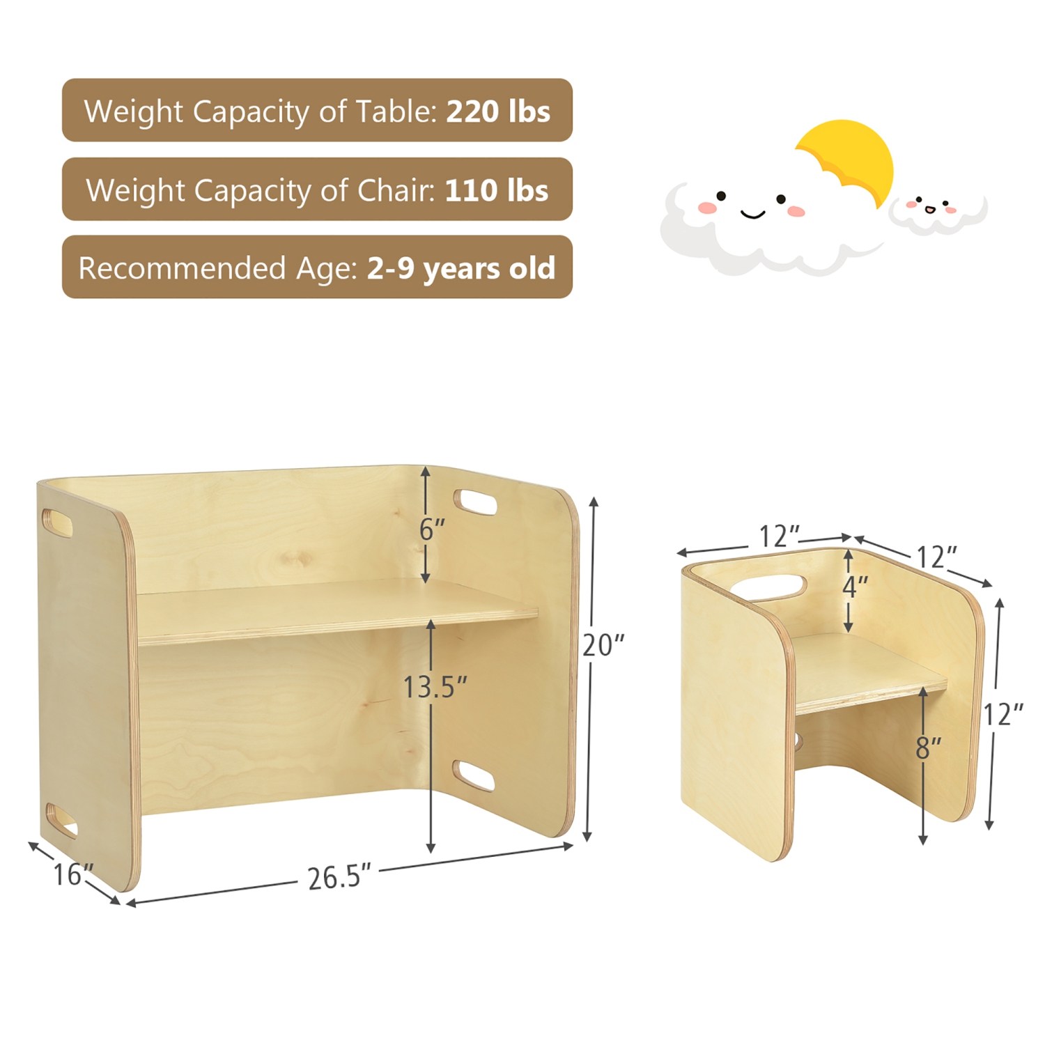 Costway 3 PCS Kids Wooden Table & Chair Set Children Multipurpose Homeschool Furniture Natural/Gray