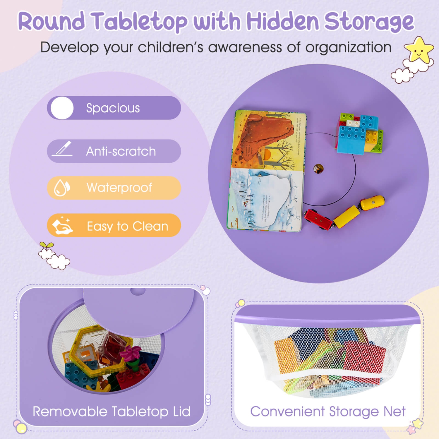 Costway Kids Wooden Round Table & 2 Chair Set w/ Center Mesh Storage