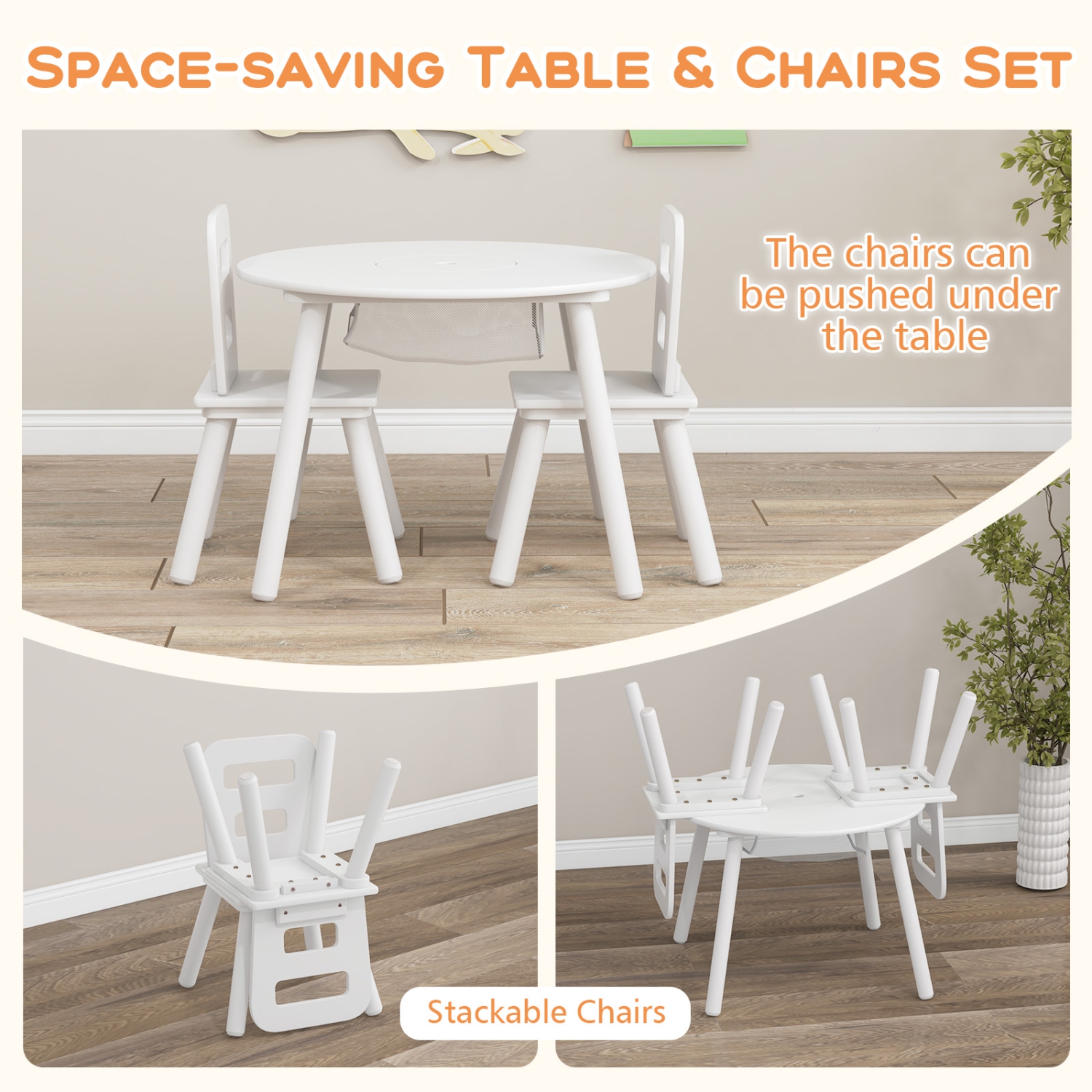 Costway Kids Wooden Round Table & 2 Chair Set w/ Center Mesh Storage