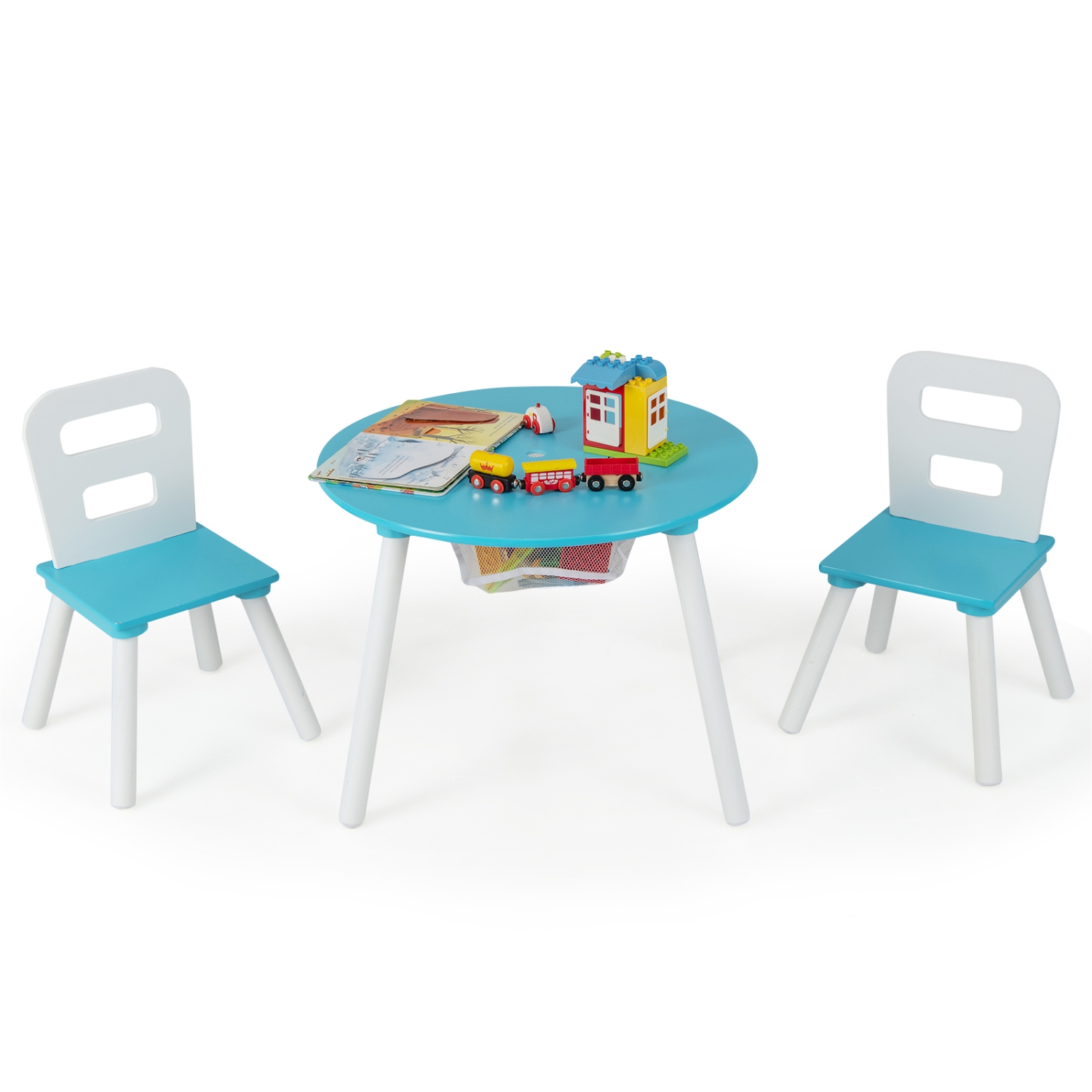Costway Kids Wooden Round Table & 2 Chair Set w/ Center Mesh Storage