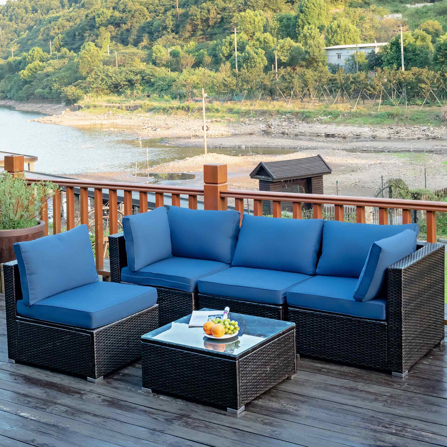 Costway 5PCS Patio Rattan Furniture Set Cushioned Sofa Chair Coffee Table