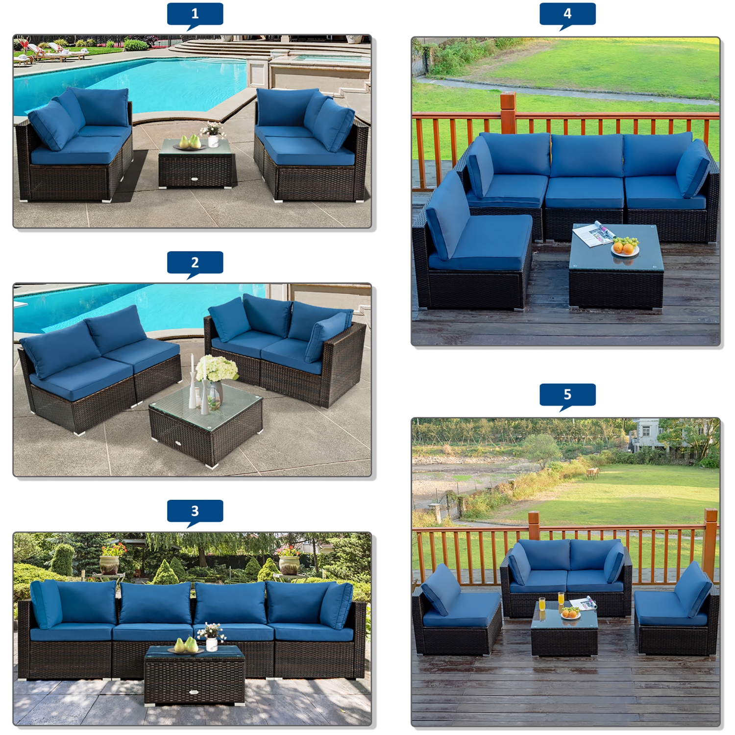 Costway 5PCS Patio Rattan Furniture Set Cushioned Sofa Chair Coffee Table