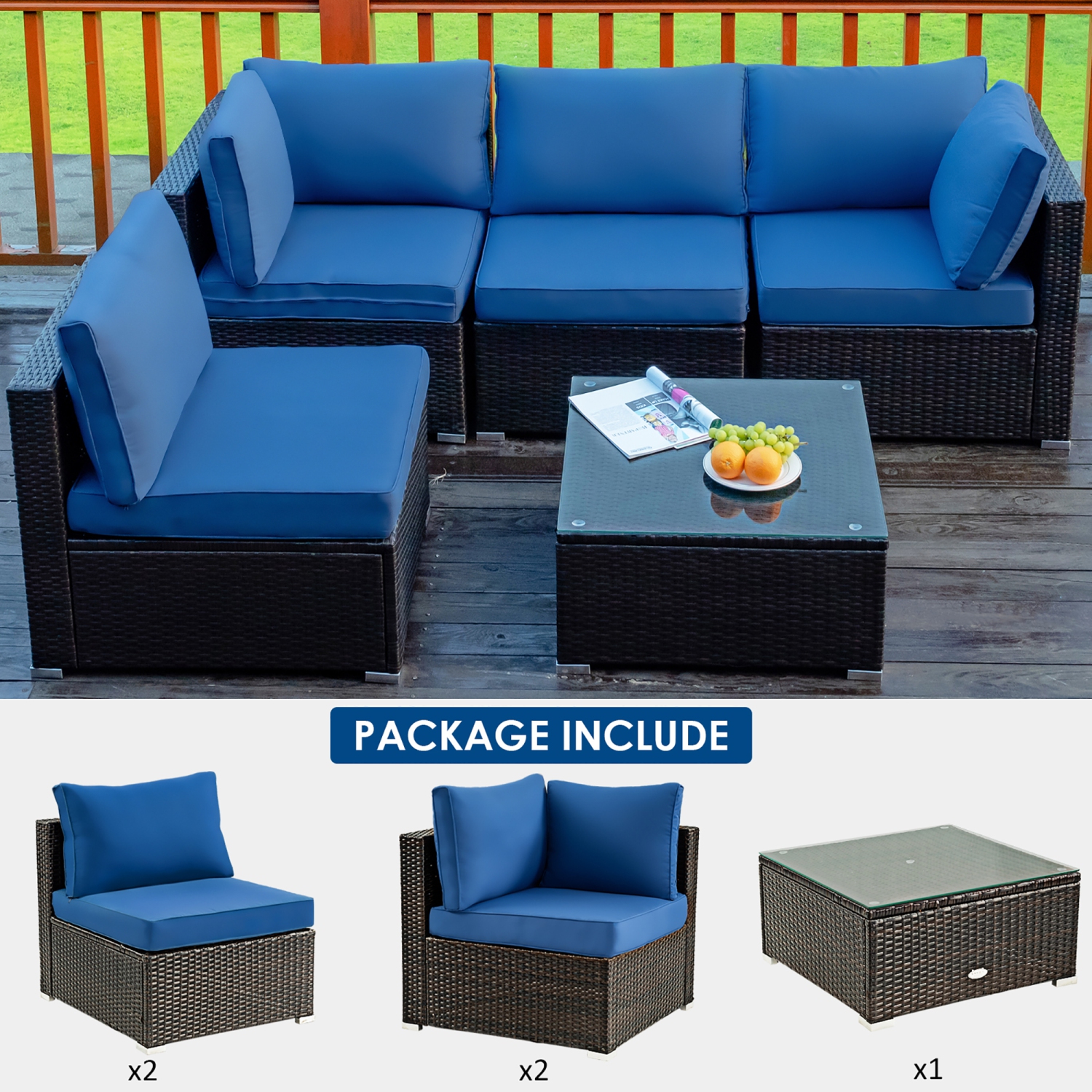 Costway 5PCS Patio Rattan Furniture Set Cushioned Sofa Chair Coffee Table