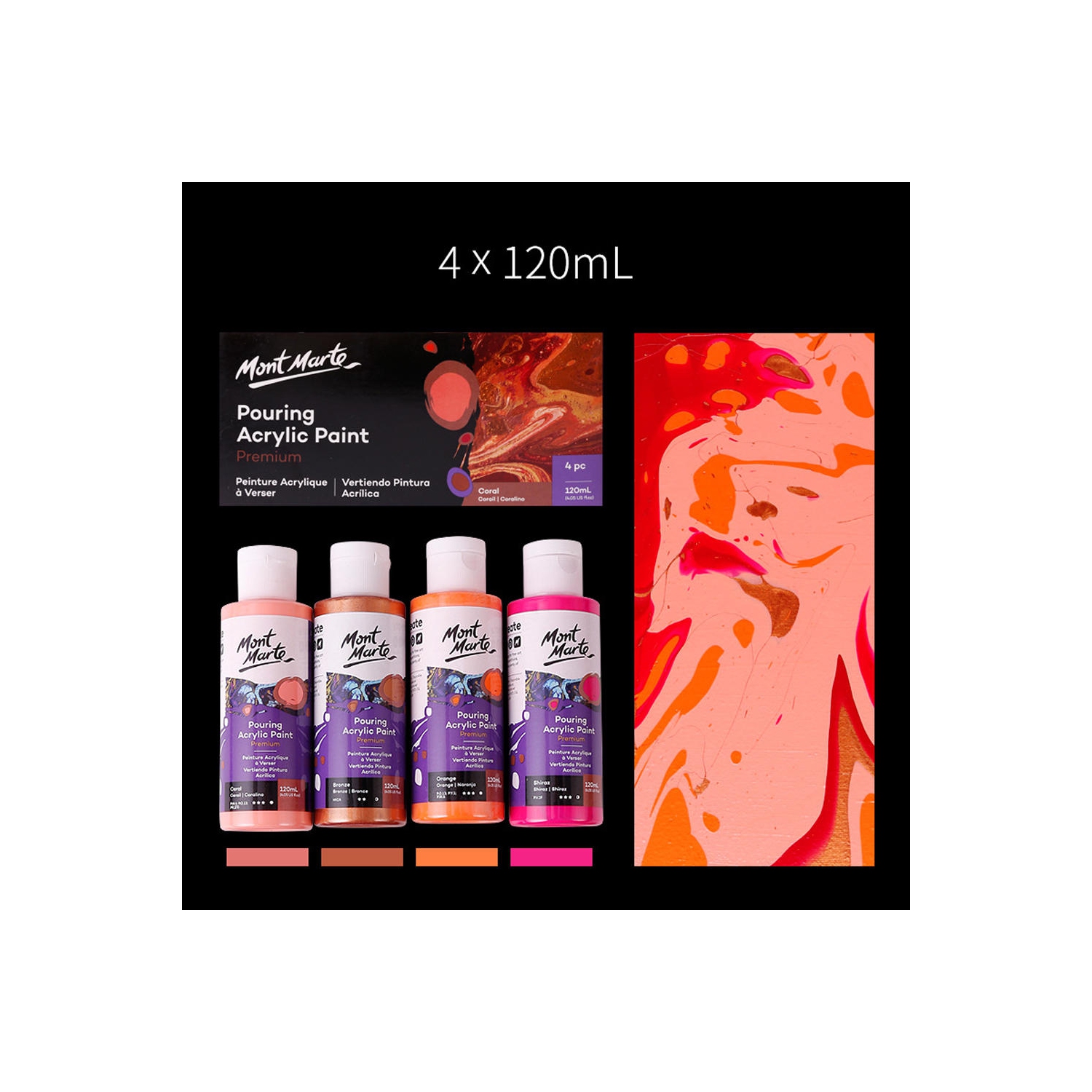 Fluid Acrylic Pouring Paint, 4 oz/Tube, Set of 4 Colors - Coral Series