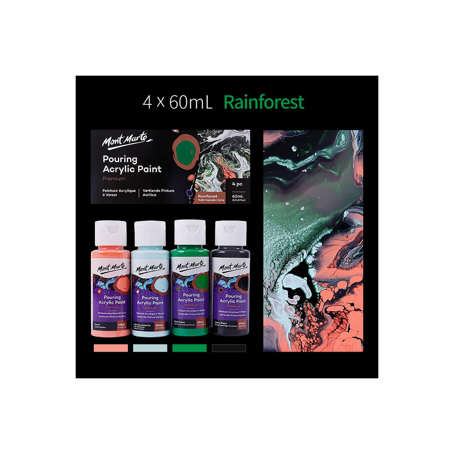 Peinture acrylique liquide pour verser, 60 ml/tube, ensemble de 4 couleurs : forêt tropicale