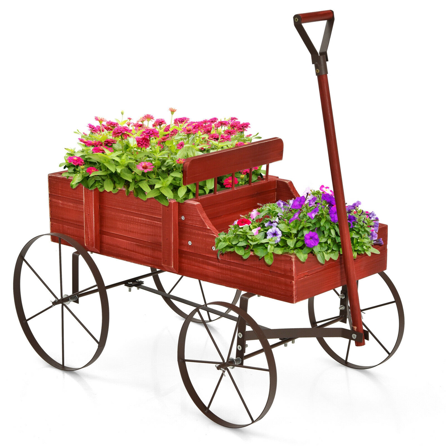 Gymax Garden Plant Planter Wooden Wagon Planter W/ Wheel Garden Yard