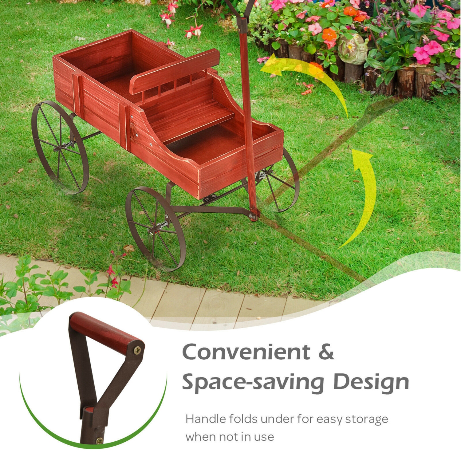 Gymax Garden Plant Planter Wooden Wagon Planter W/ Wheel Garden Yard