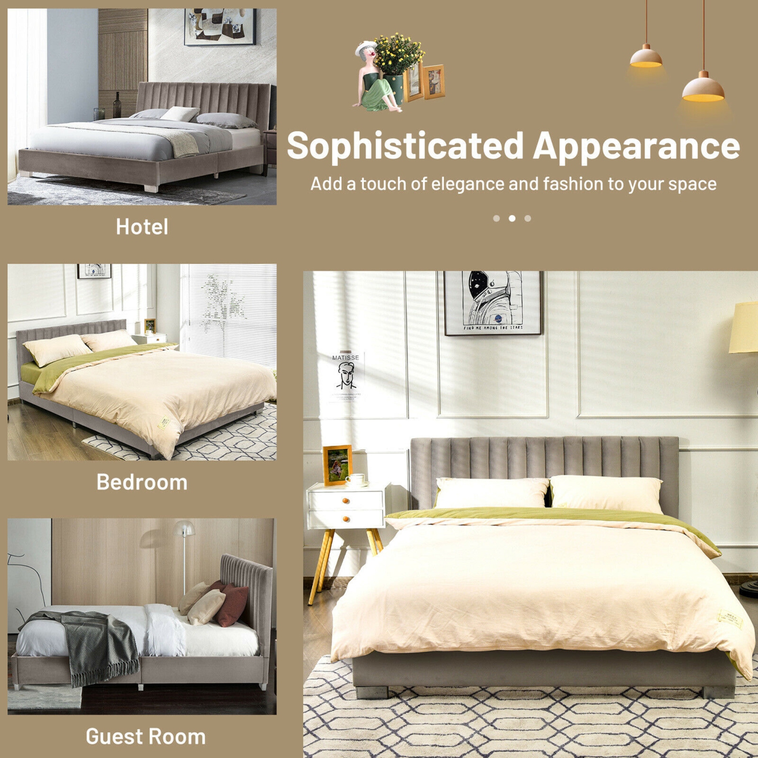 Gymax Full Tufted Upholstered Platform Bed Frame Flannel Headboard Light Grey