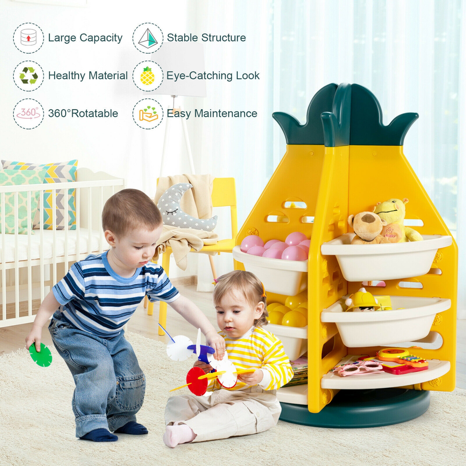Gymax Kids Toy Storage Organizer 360° Revolving Pineapple Shelf w/Plastic Bins