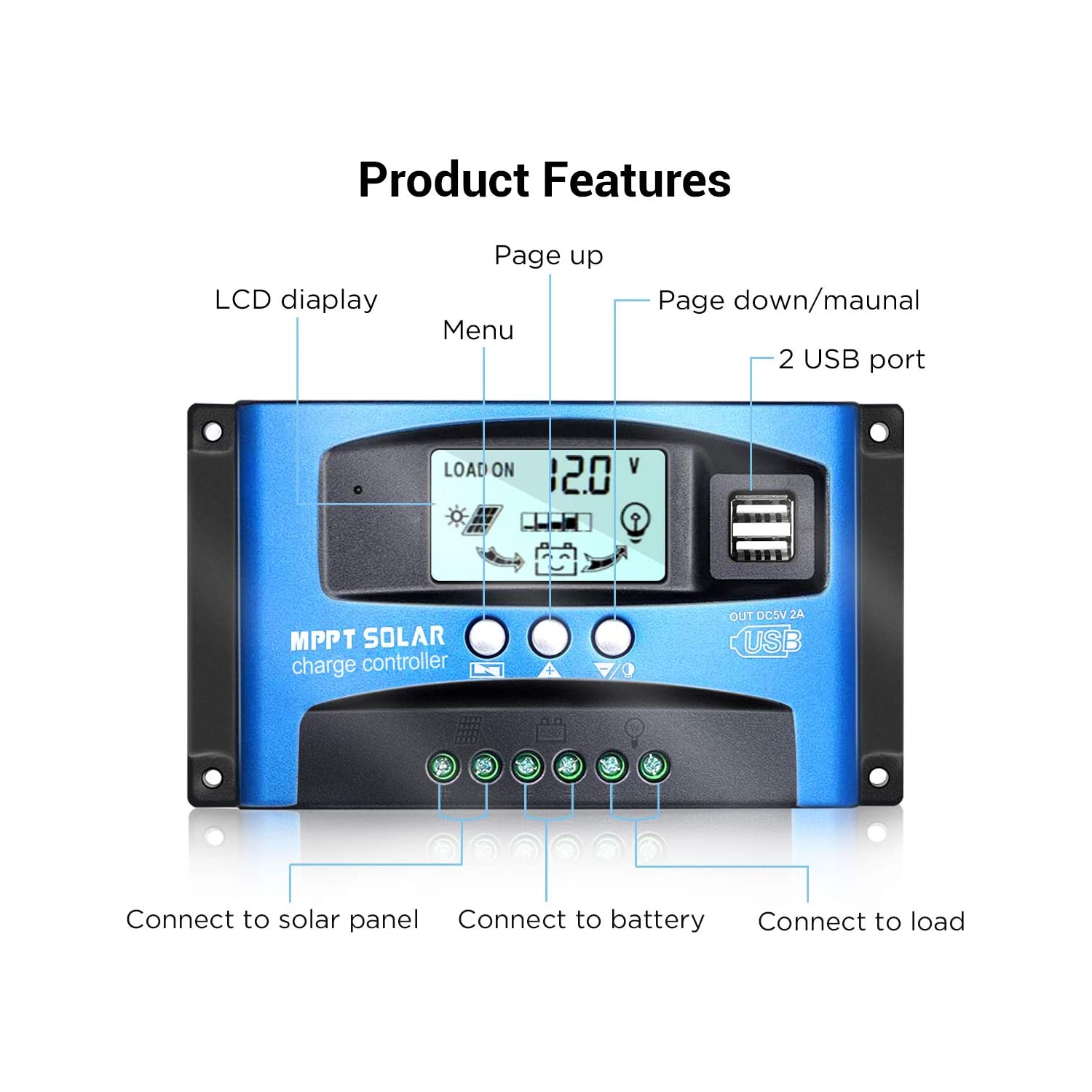 ISTAR MPPT Solar Charge Controller 100A 12V/24V Auto Solar Panel Intelligent Regulator with Dual USB Port LCD Display for Lead Acid Batteries