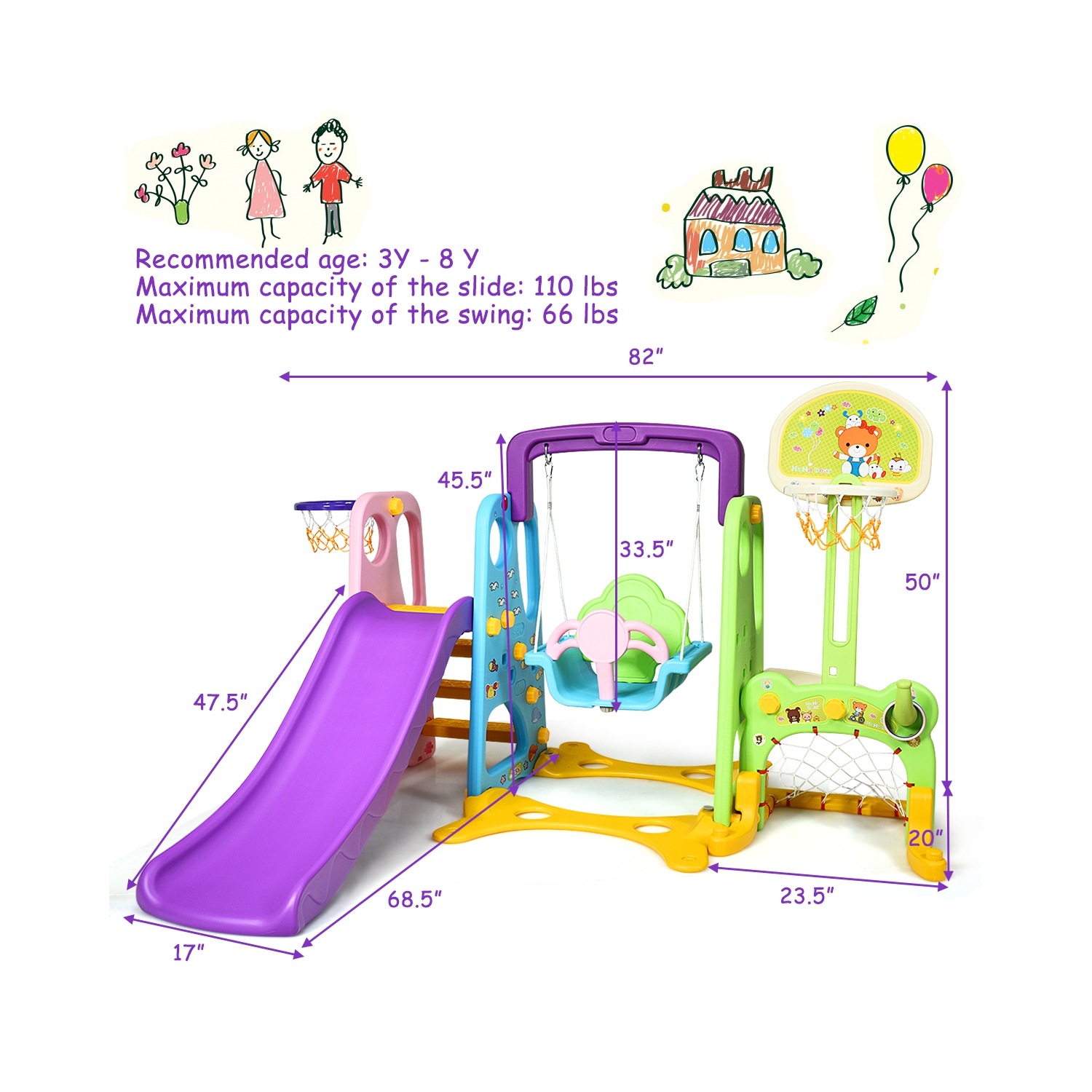 Costway 6 In 1 Toddler Climber and Swing Set w/ Basketball Hoop & Football Gate Backyard