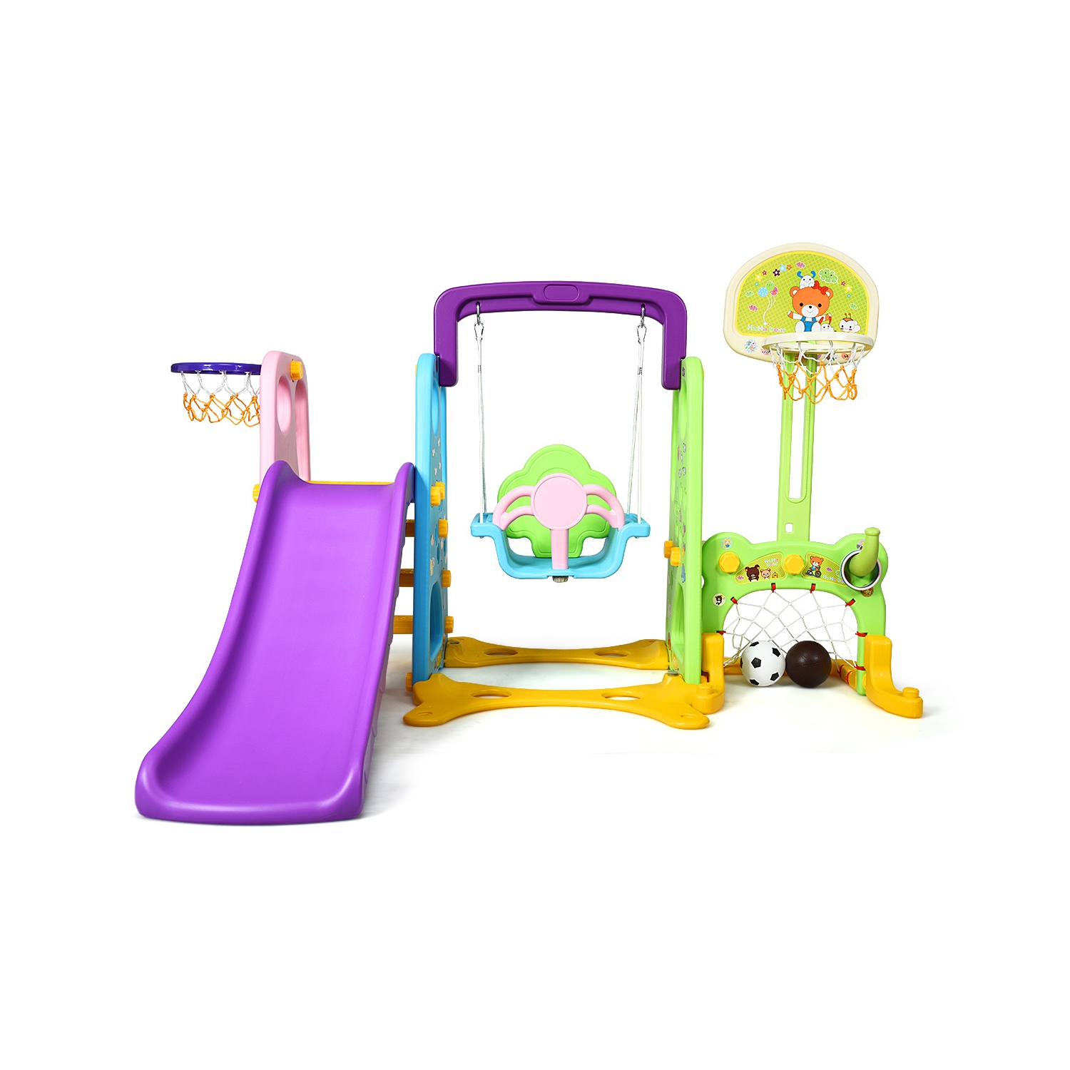 Costway 6 In 1 Toddler Climber and Swing Set w/ Basketball Hoop & Football Gate Backyard