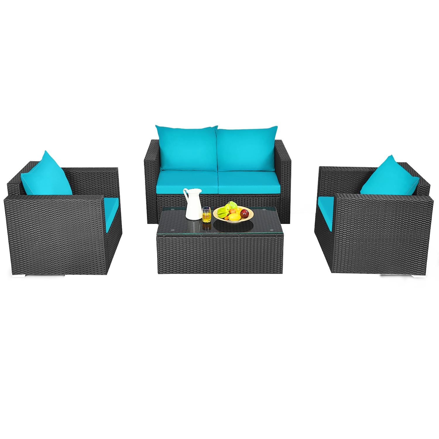 Costway 4PCS Patio Rattan Cushioned Sofa Chair Coffee Table Turquoise