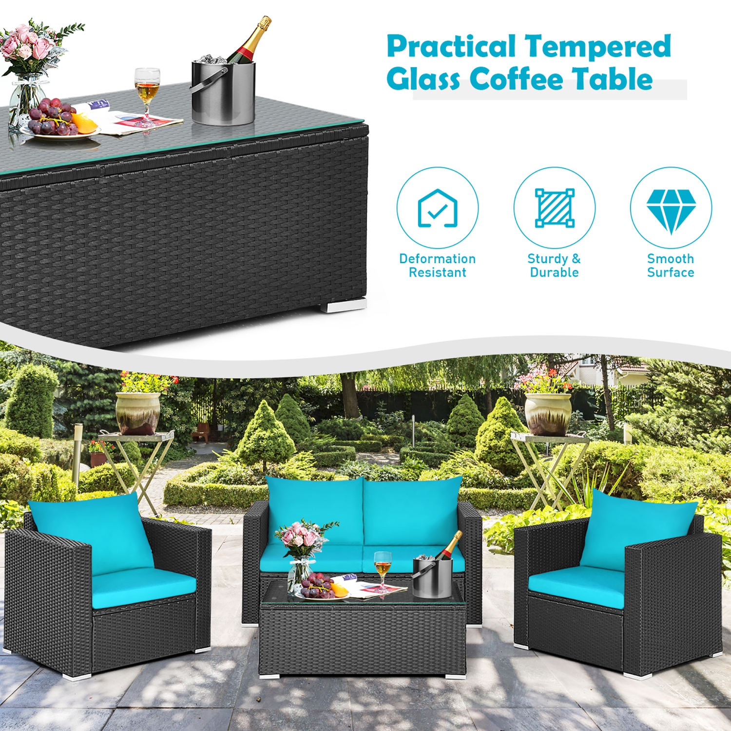 Costway 4PCS Patio Rattan Cushioned Sofa Chair Coffee Table Turquoise