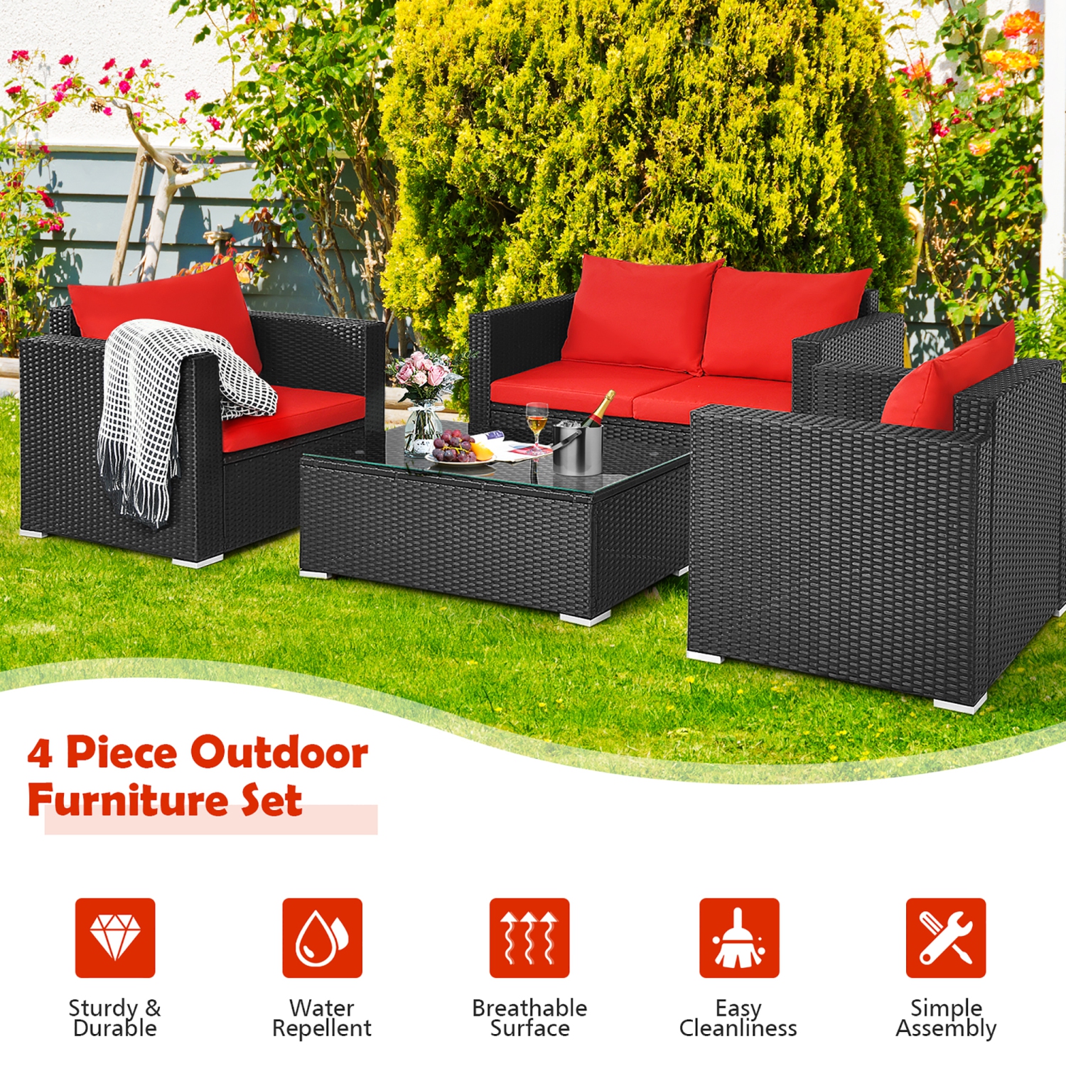 Costway 4PCS Patio Rattan Furniture Set Cushioned Sofa Chair Coffee Table Garden Red