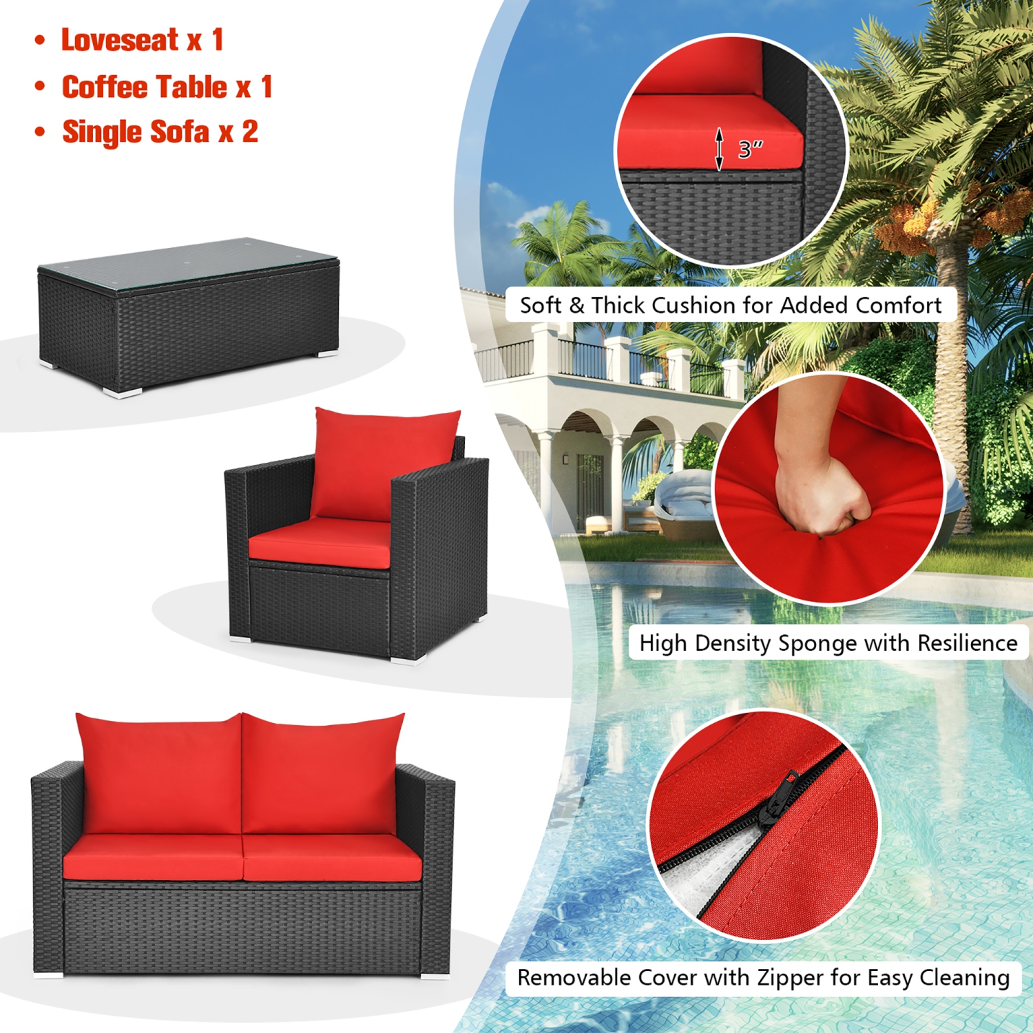 Costway 4PCS Patio Rattan Furniture Set Cushioned Sofa Chair Coffee Table Garden Red