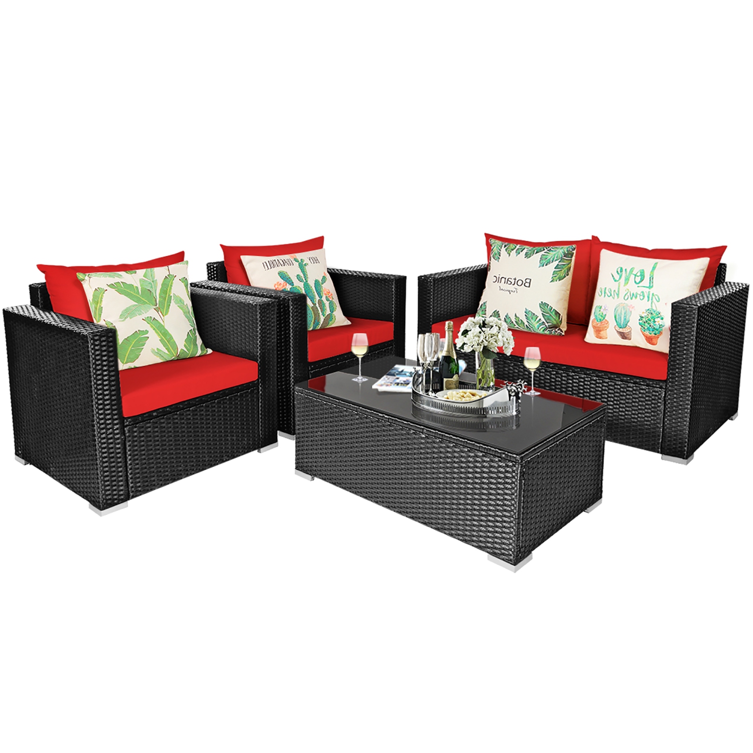 Costway 4PCS Patio Rattan Furniture Set Cushioned Sofa Chair Coffee Table Garden Red