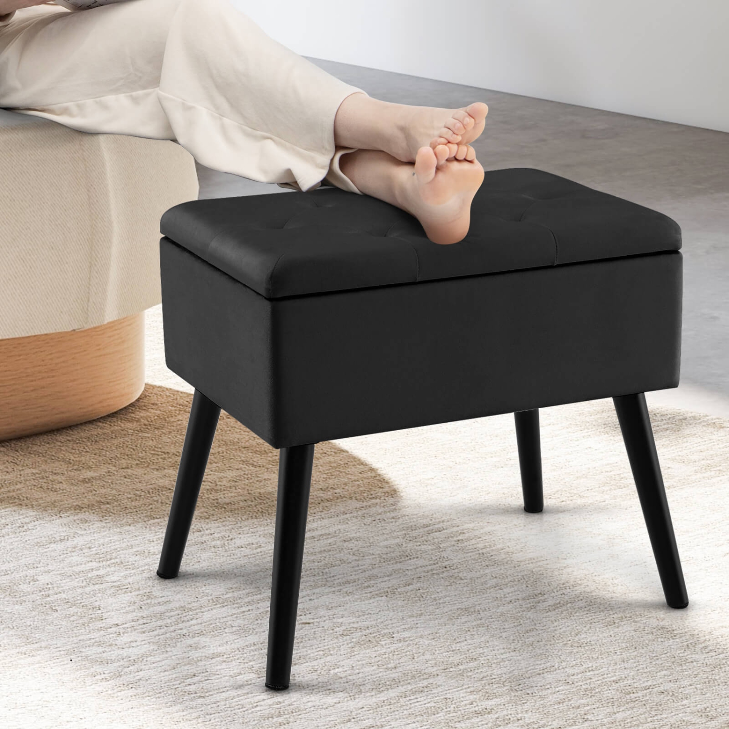 Costway Velvet Storage Ottoman Tufted Flip Top Vanity Stool Footrest w/Wood Legs