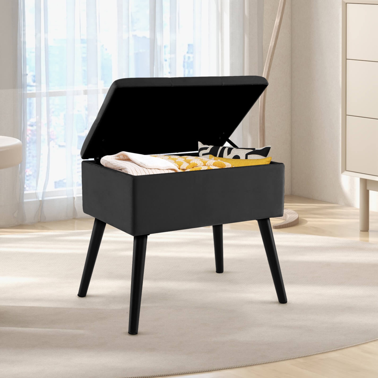 Costway Velvet Storage Ottoman Tufted Flip Top Vanity Stool Footrest w/Wood Legs