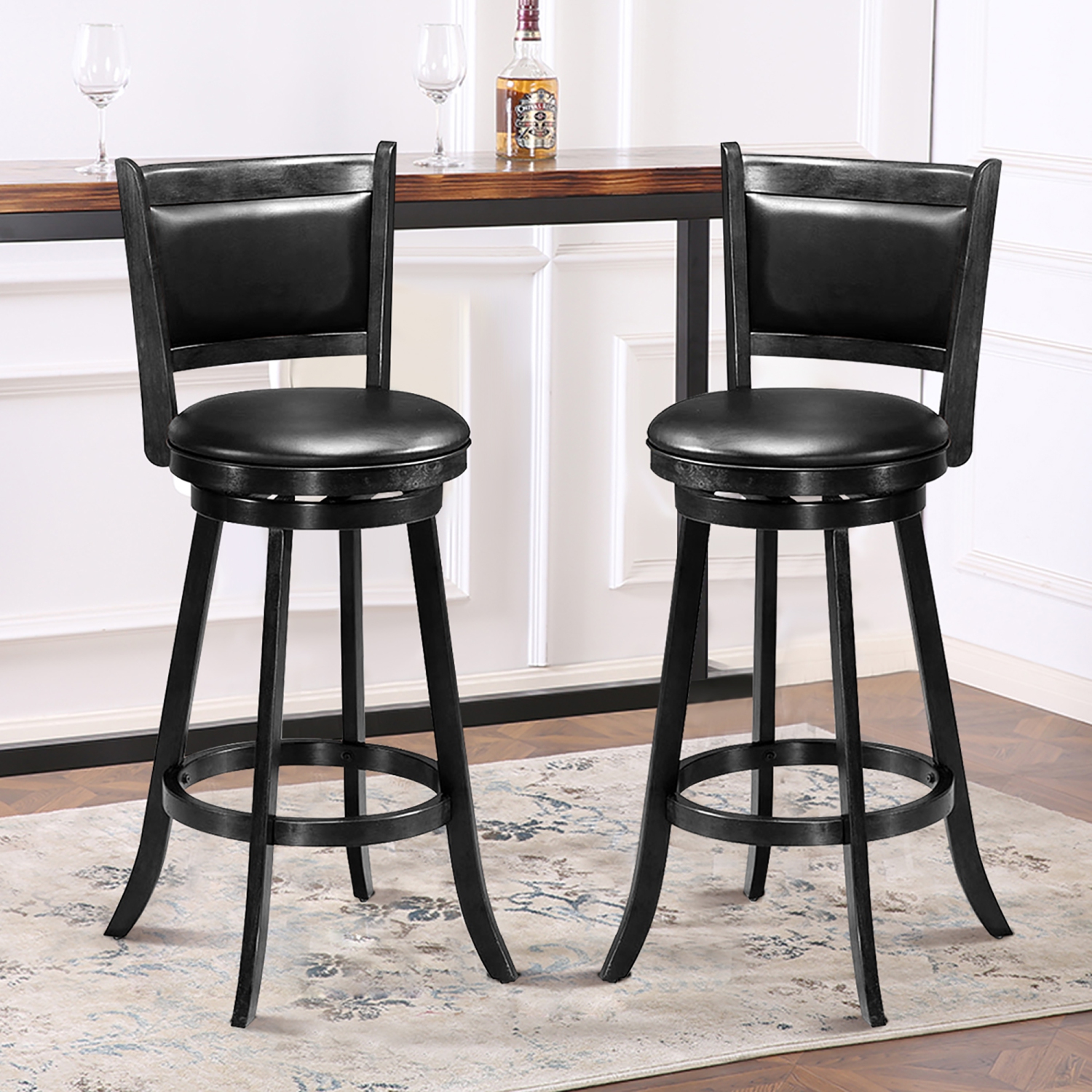 Costway Set of 2 29" Swivel Bar Height Stool Wood Dining Chair Barstool Black