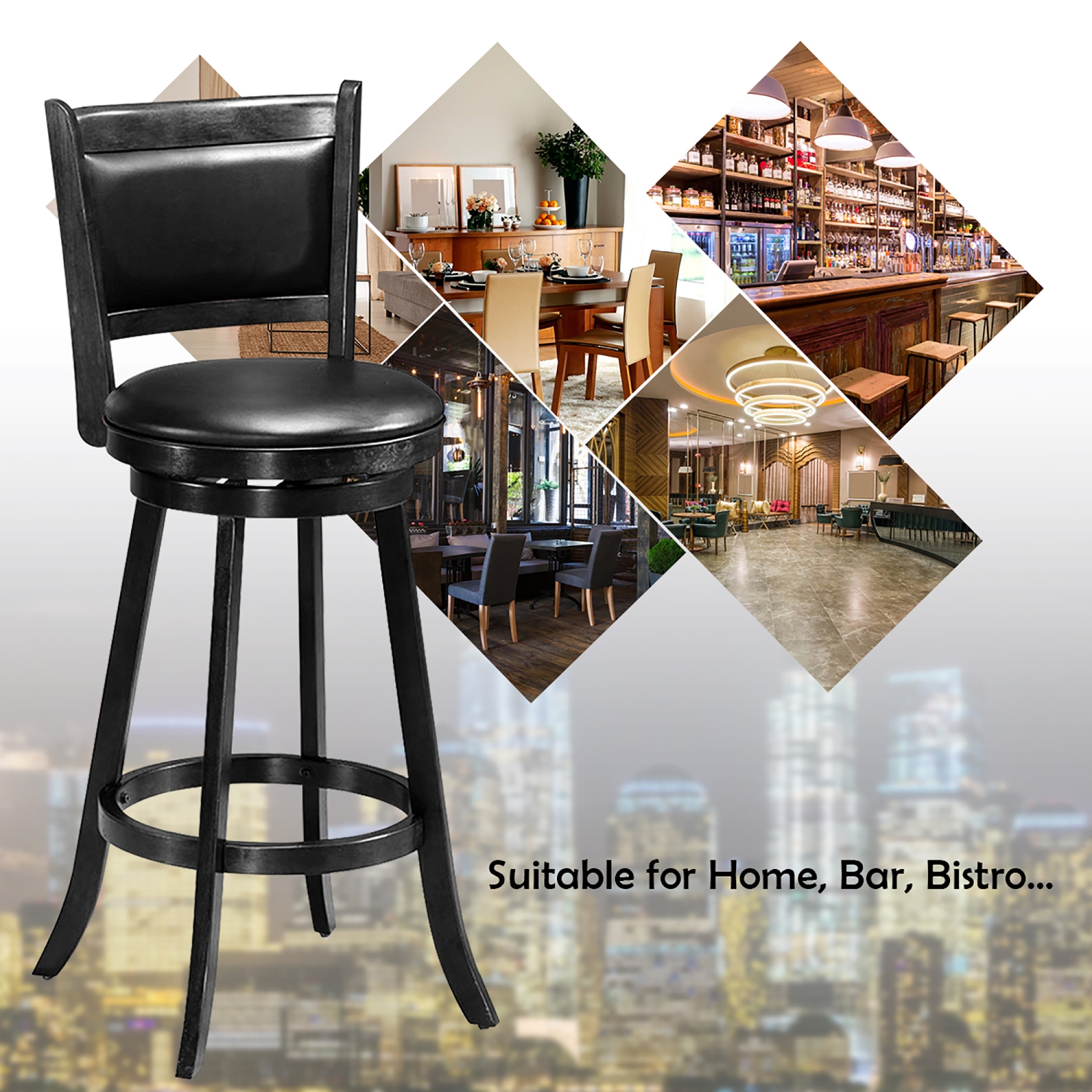 Costway Set of 2 29" Swivel Bar Height Stool Wood Dining Chair Barstool Black
