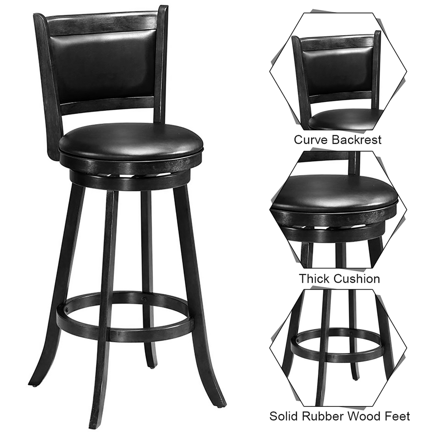 Costway Set of 2 29" Swivel Bar Height Stool Wood Dining Chair Barstool Black